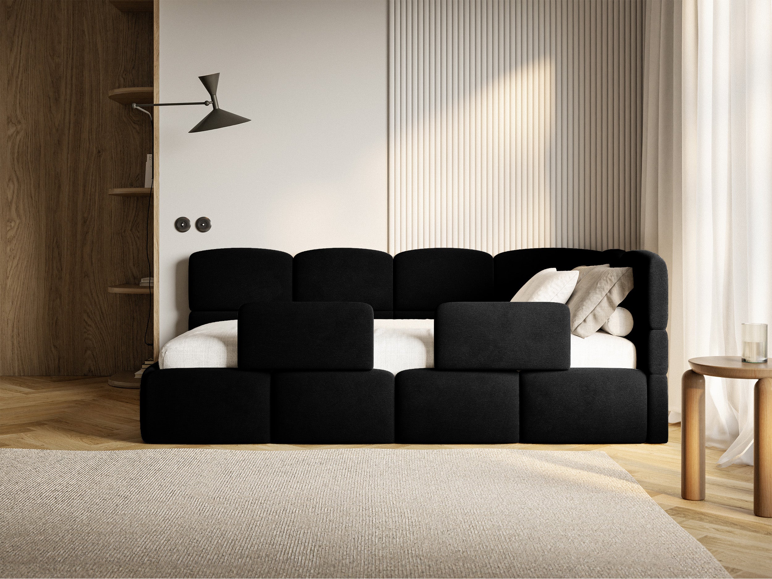 Jugendbett 90x200 cm Cloudy rechtsseitig mit Stauraum und Geländern, schwarzer Velours, wasserabweisend und leicht zu reinigen
