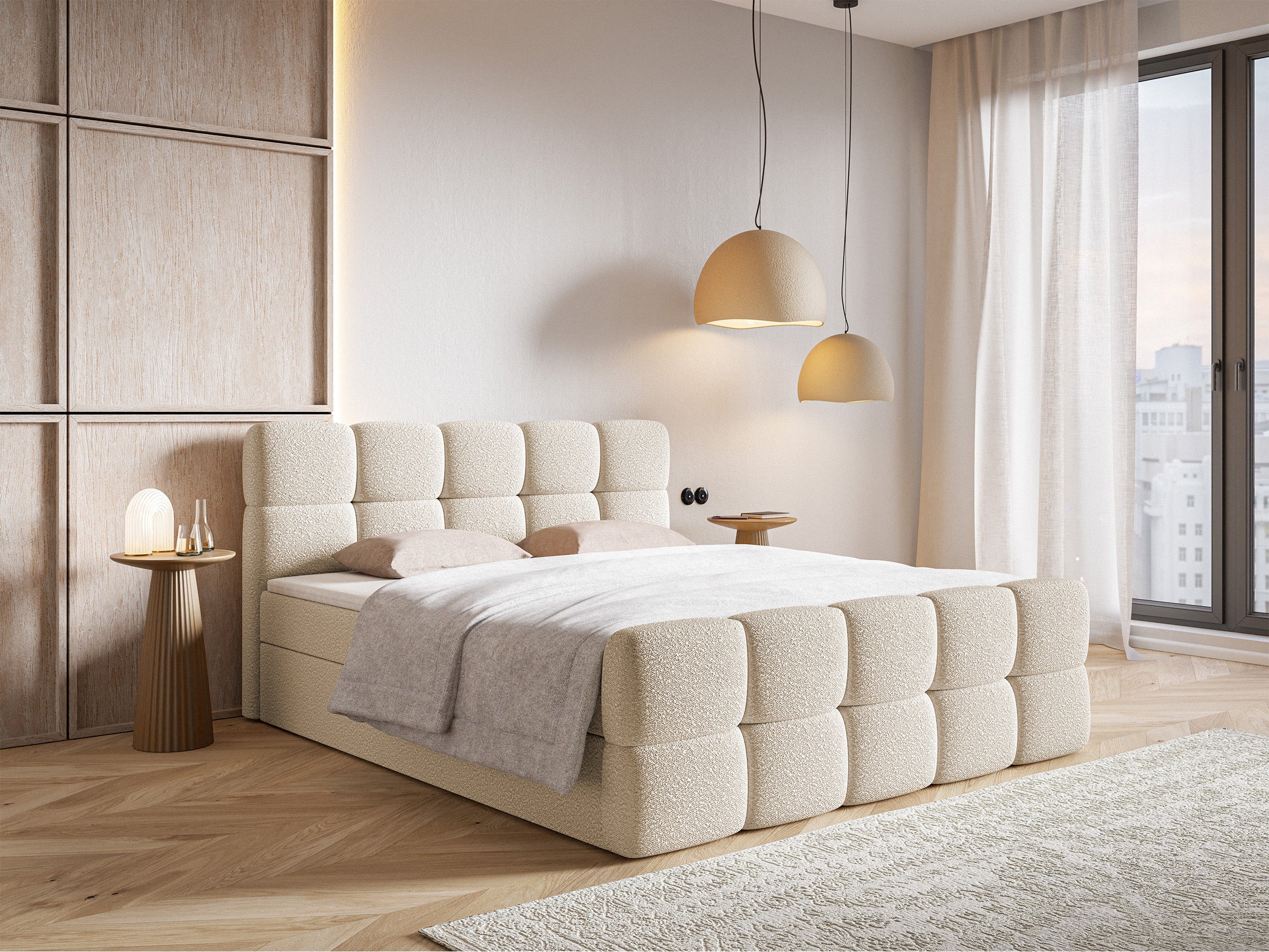 Kontinentalbett 160x200 cm Cloudy mit Stauraum und Topper, hellbeiges Bouclé