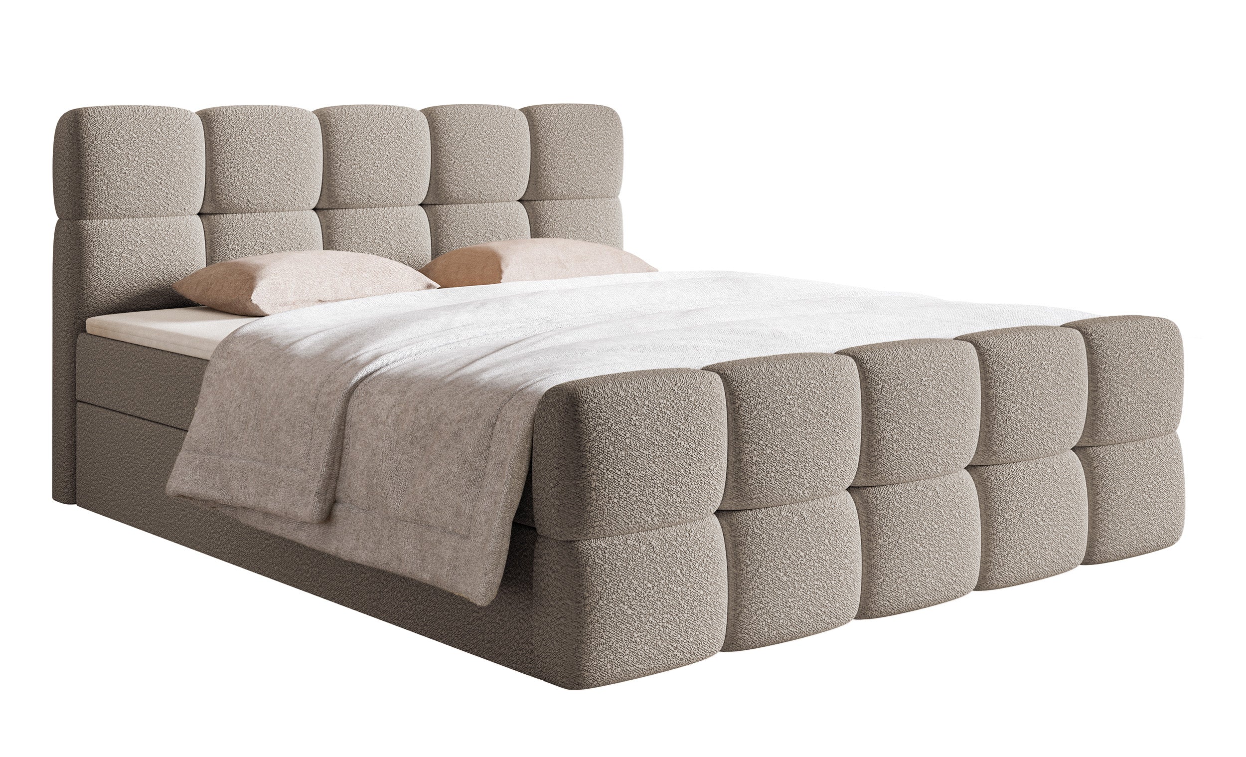 Kontinentalbett 140x200 cm Cloudy mit Stauraum und Topper, grau-beige Bouclé