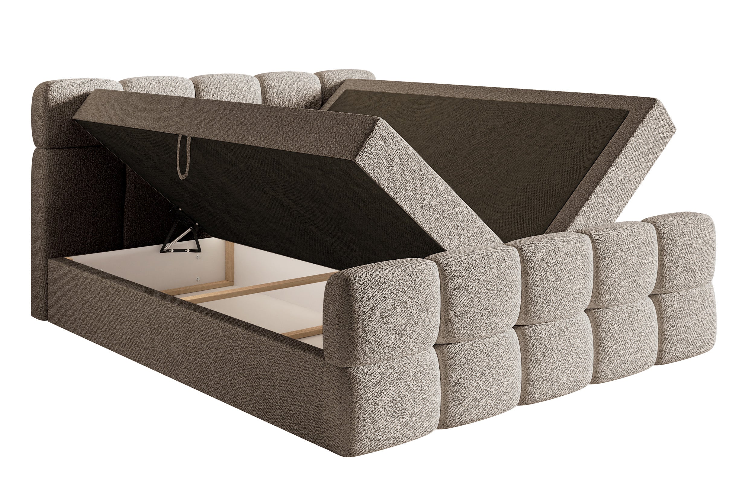 Kontinentalbett 140x200 cm Cloudy mit Stauraum und Topper, grau-beige Bouclé
