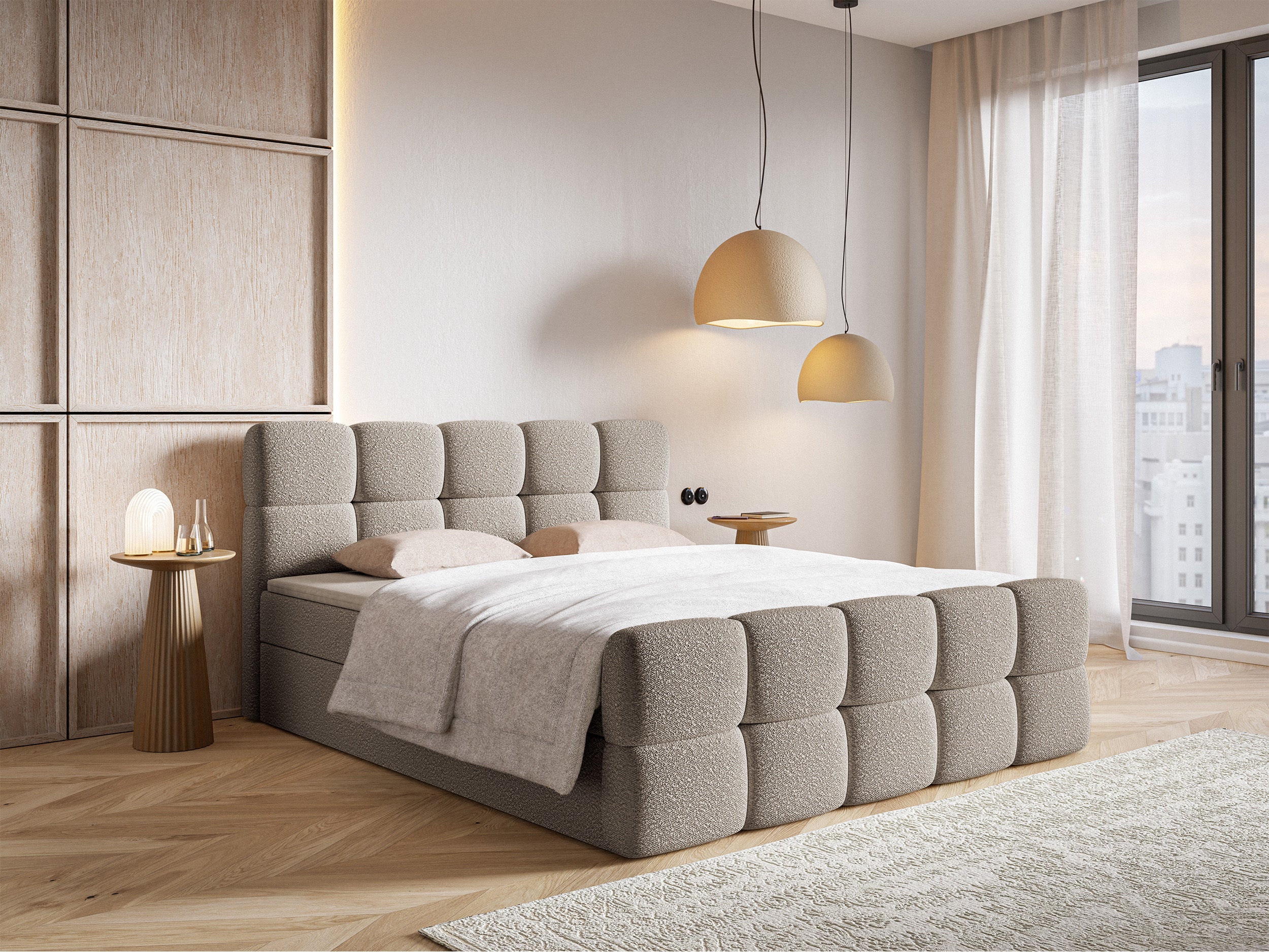 Kontinentalbett 140x200 cm Cloudy mit Stauraum und Topper, grau-beige Bouclé