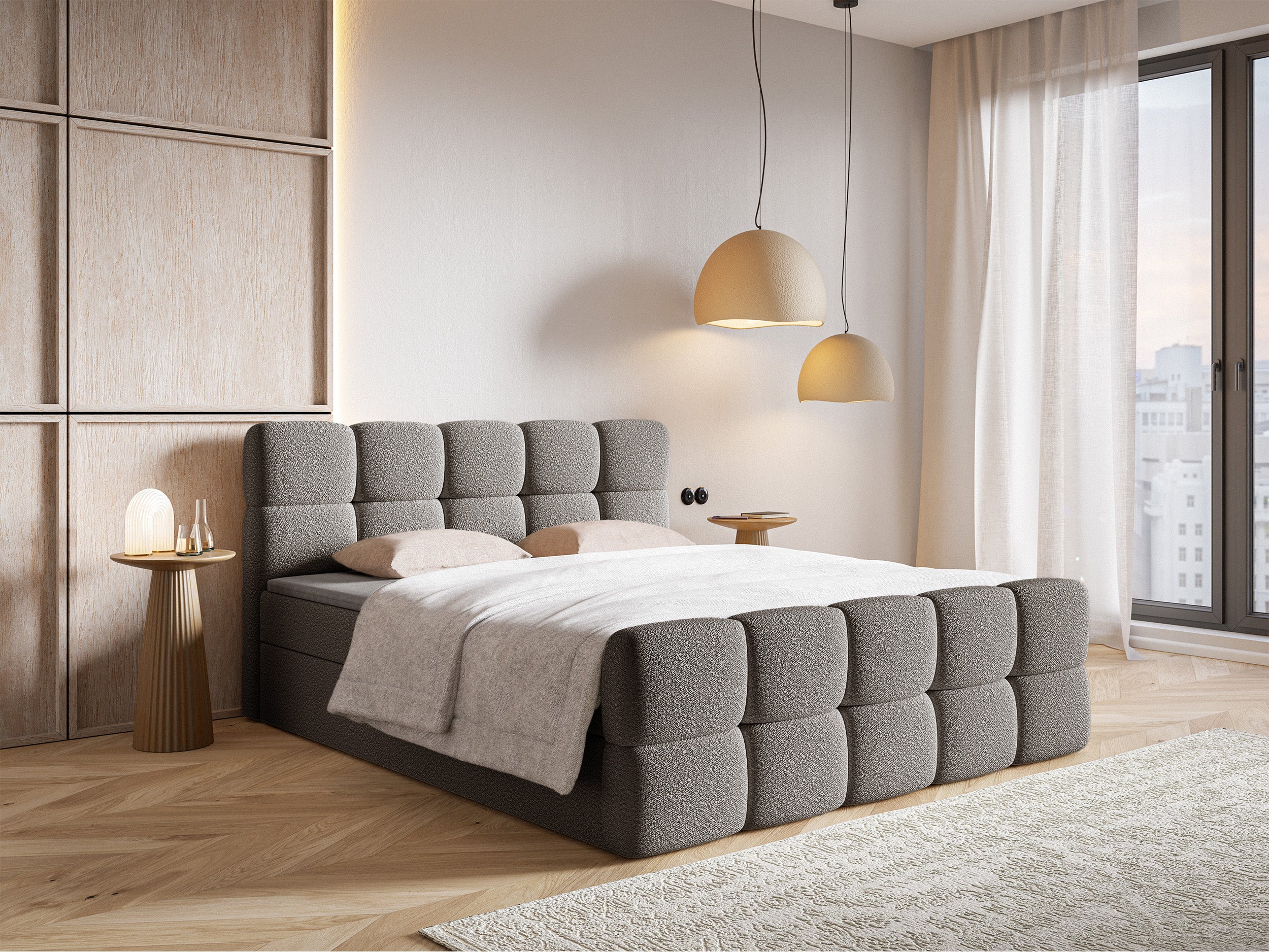 Kontinentalbett 160x200 cm Cloudy mit Stauraum und Topper, graues Bouclé