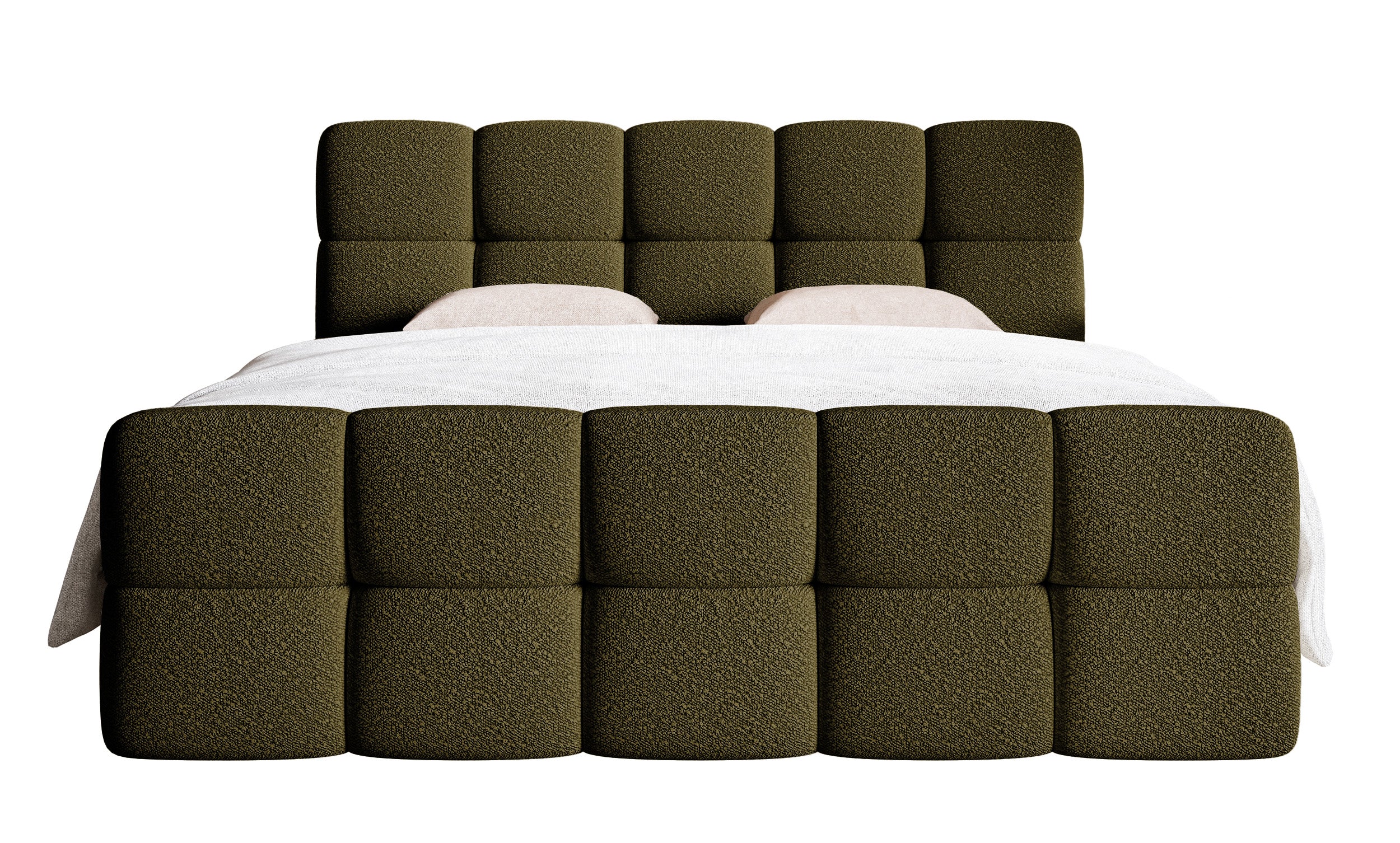 Kontinentales Bett 180x200 cm Cloudy mit Stauraum und Topper in olivfarbenem Bouclé