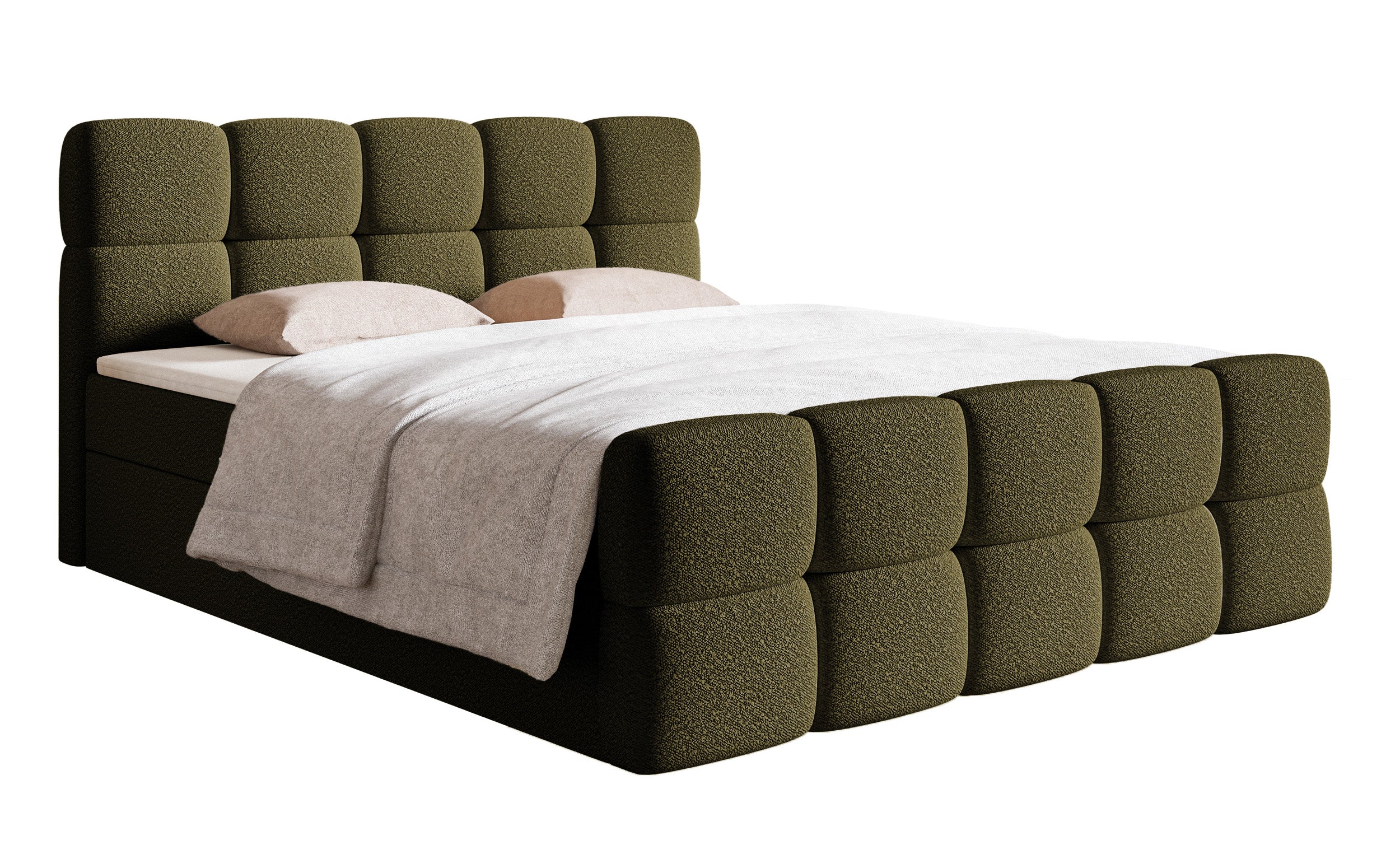 Kontinentales Bett 180x200 cm Cloudy mit Stauraum und Topper in olivfarbenem Bouclé