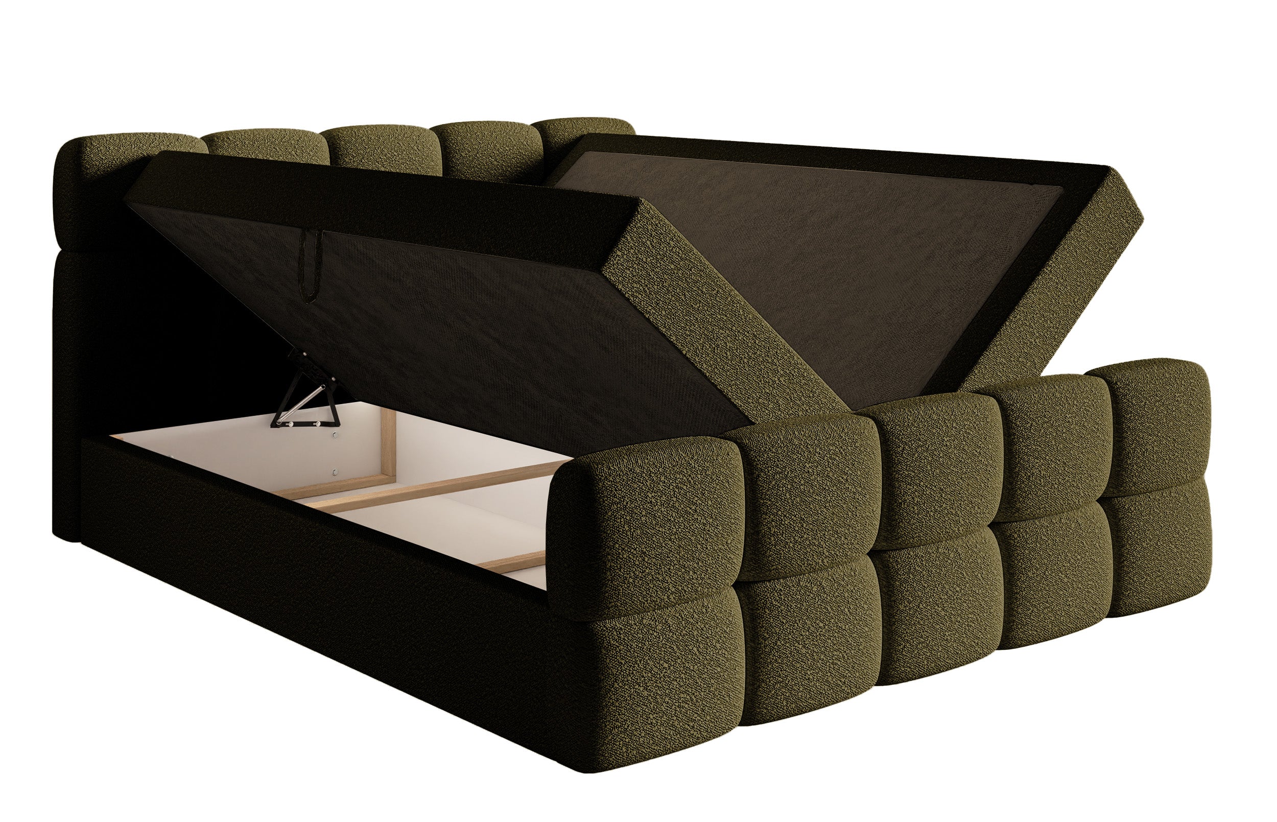 Kontinentales Bett 180x200 cm Cloudy mit Stauraum und Topper in olivfarbenem Bouclé