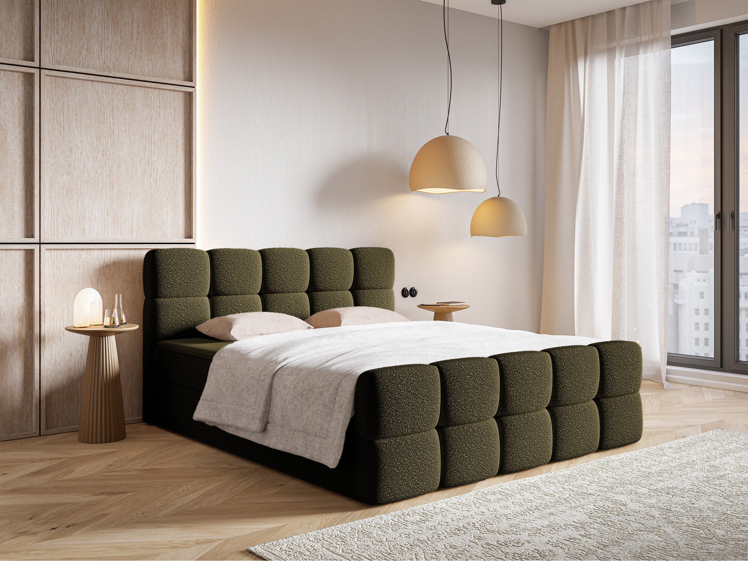 Kontinentales Bett 180x200 cm Cloudy mit Stauraum und Topper in olivfarbenem Bouclé