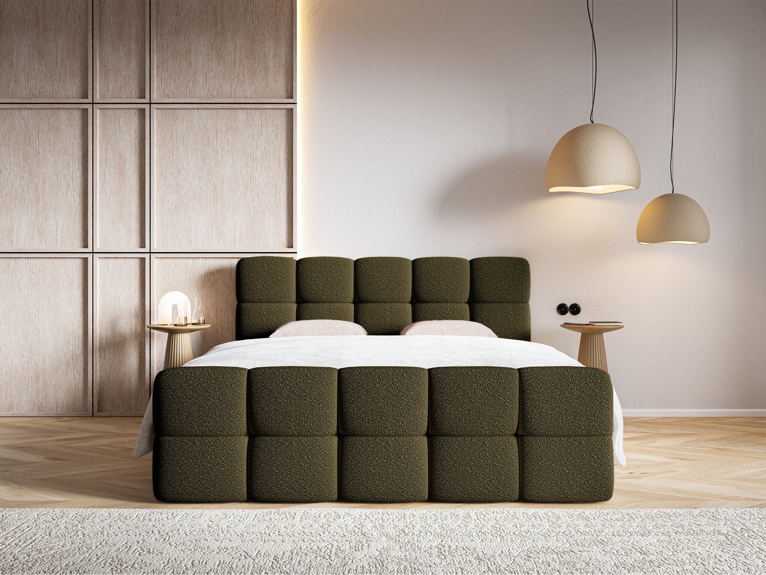 Kontinentales Bett 180x200 cm Cloudy mit Stauraum und Topper in olivfarbenem Bouclé