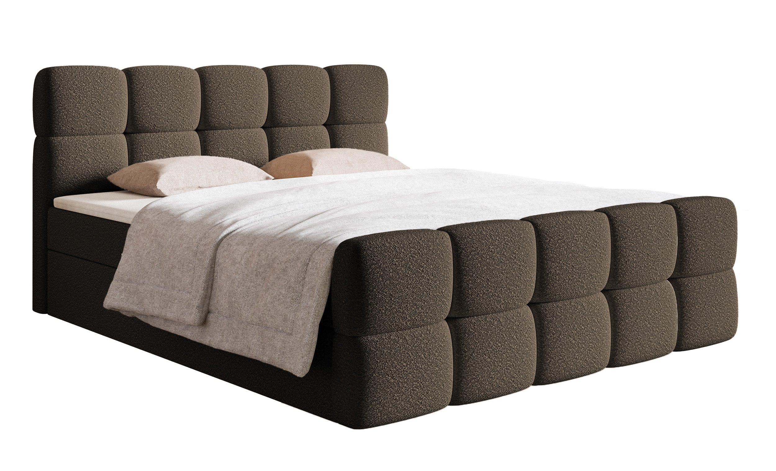 Kontinentalbett 160x200 cm Cloudy mit Stauraum und Topper, braunes Bouclé