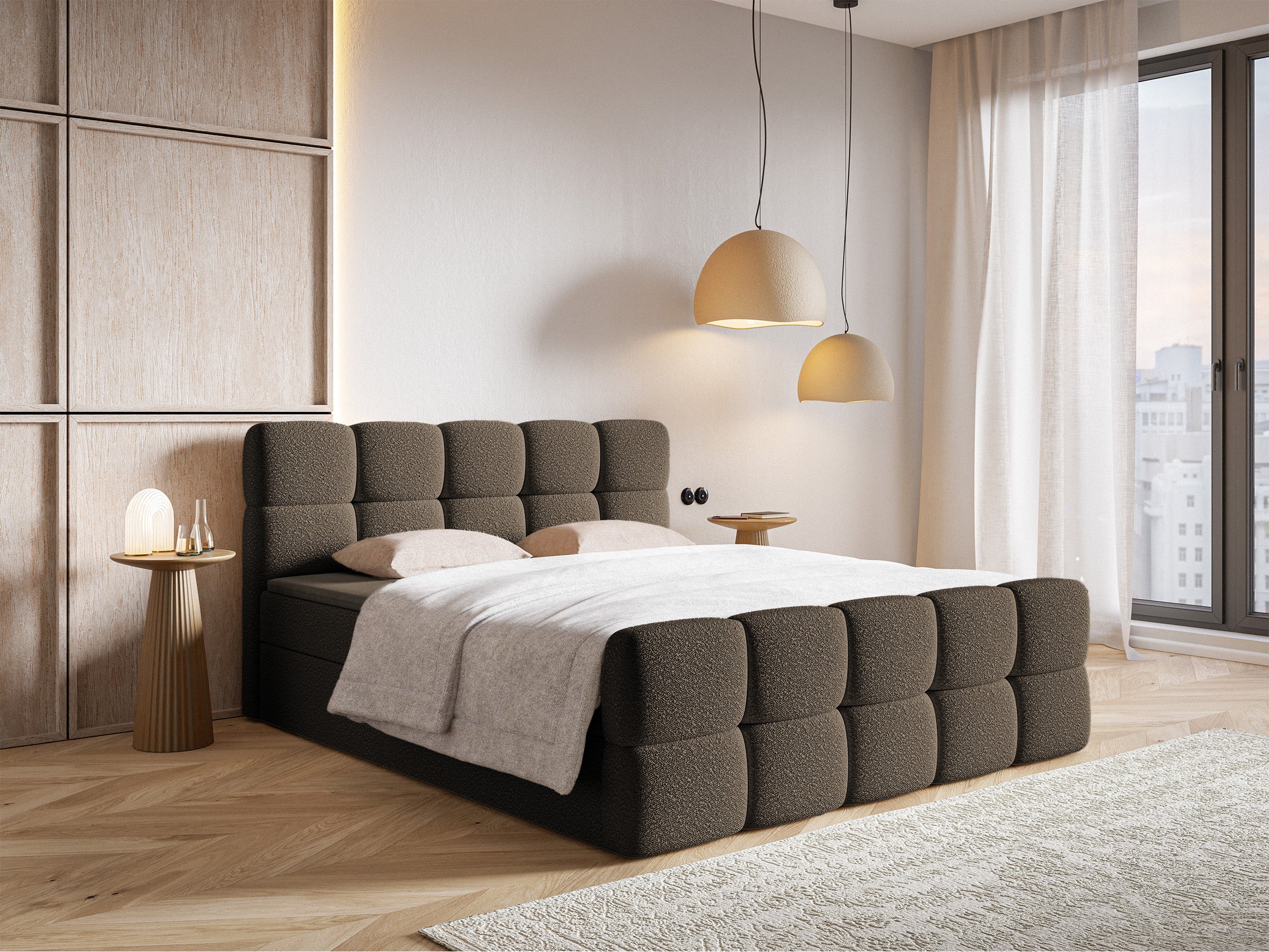 Kontinentalbett 140x200 cm Cloudy mit Stauraum und Topper, braunes Bouclé