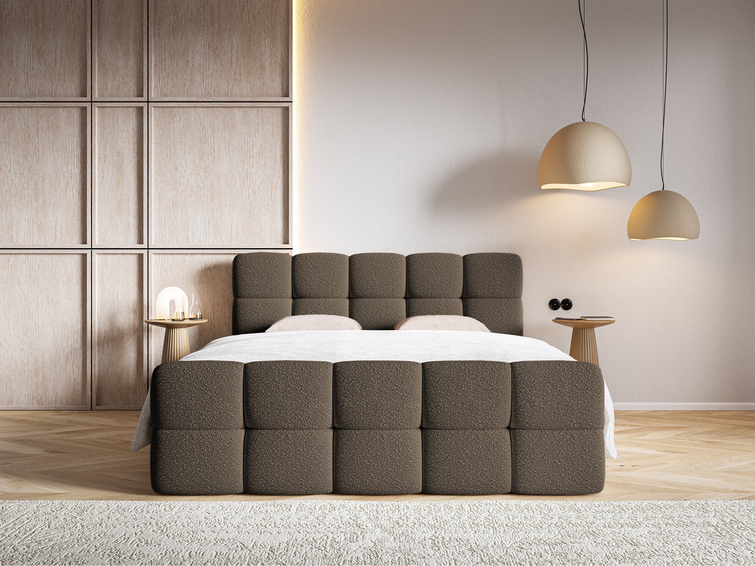 Kontinentalbett 160x200 cm Cloudy mit Stauraum und Topper, braunes Bouclé