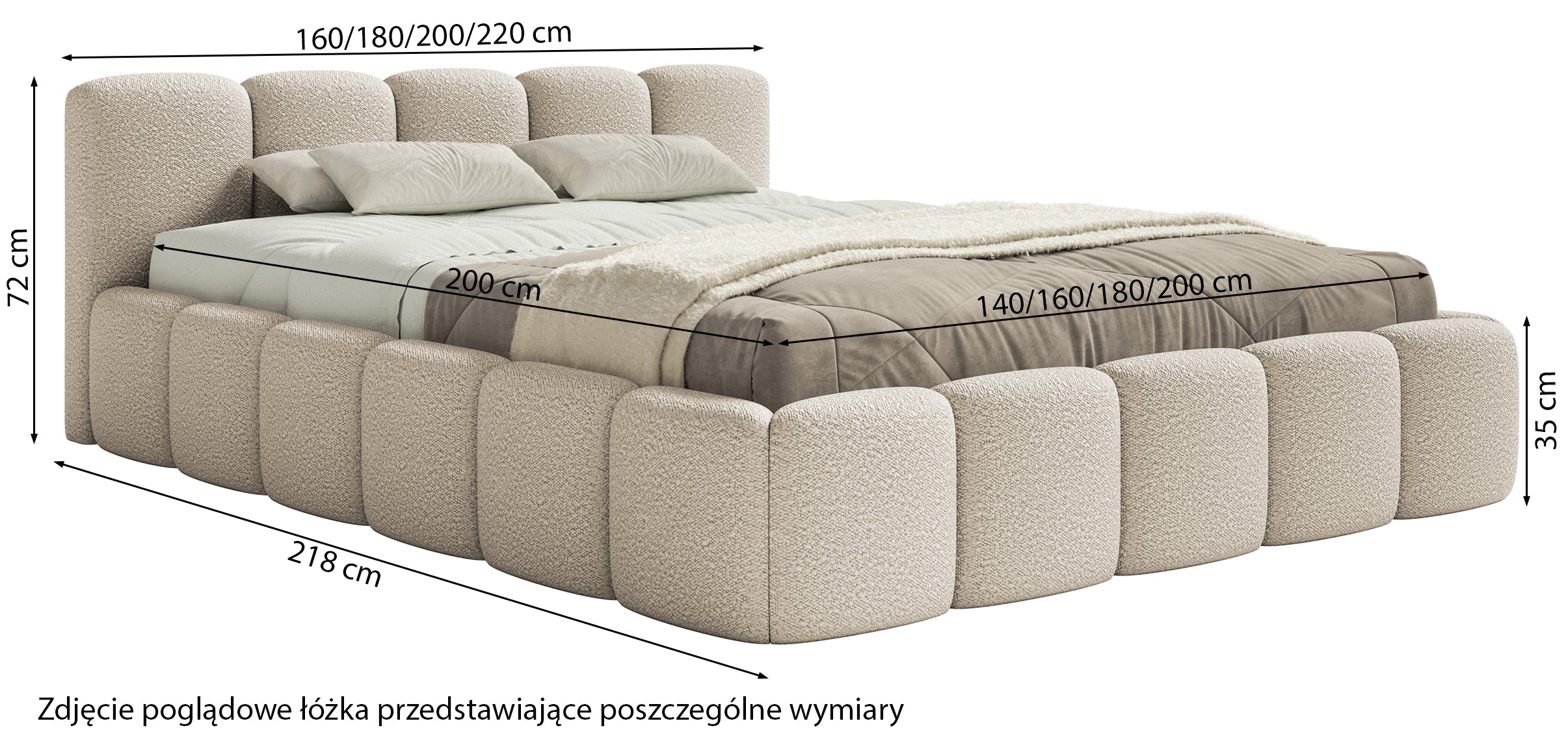 Polsterbett 160x200 cm Cloudy Low mit Stauraum, hellgrauer Bouclé-Stoff, Metallrahmen