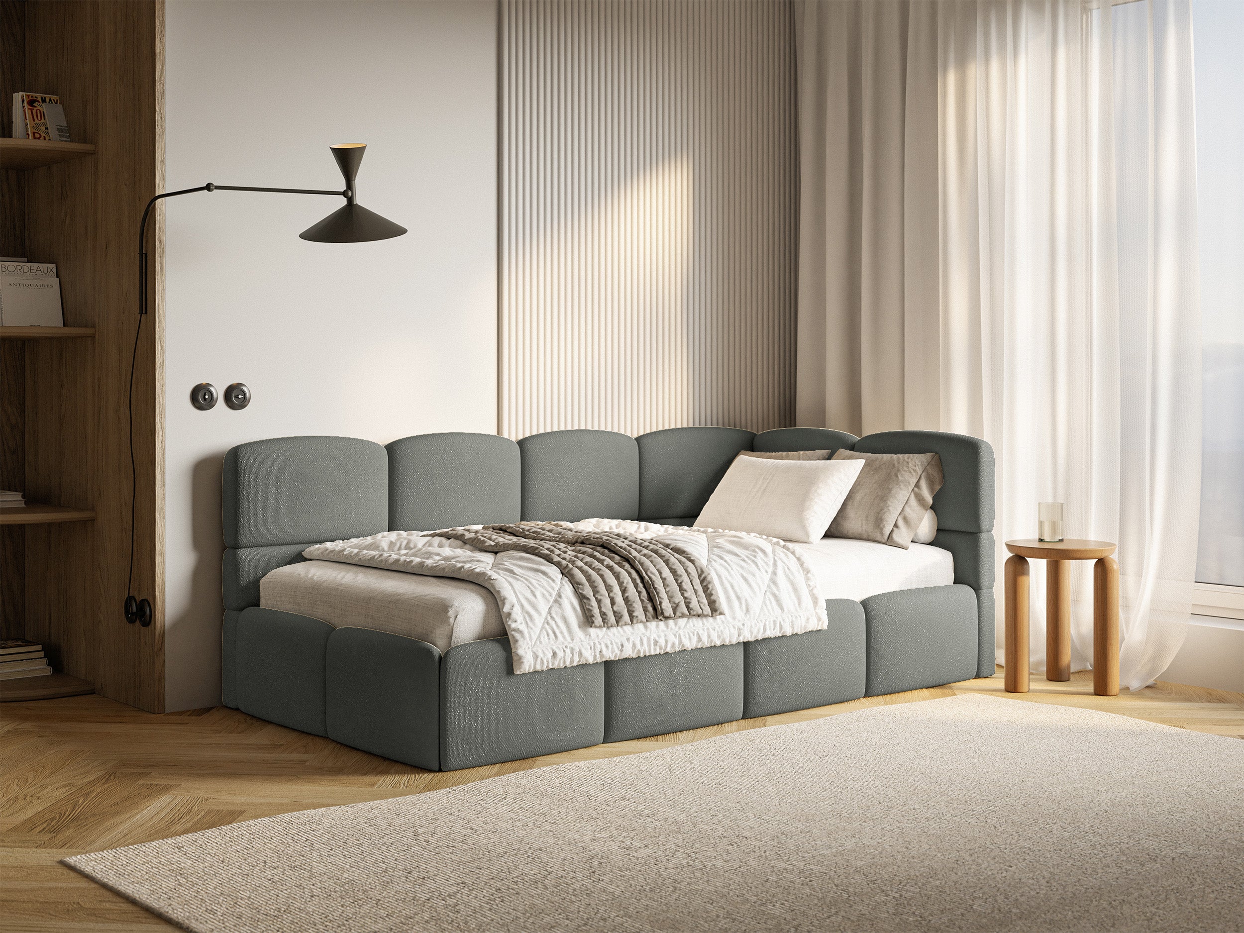 Jugendbett 90x200 cm Cloudy rechtsseitig mit Stauraum und dunkelsgrauen Chenille-Gittern