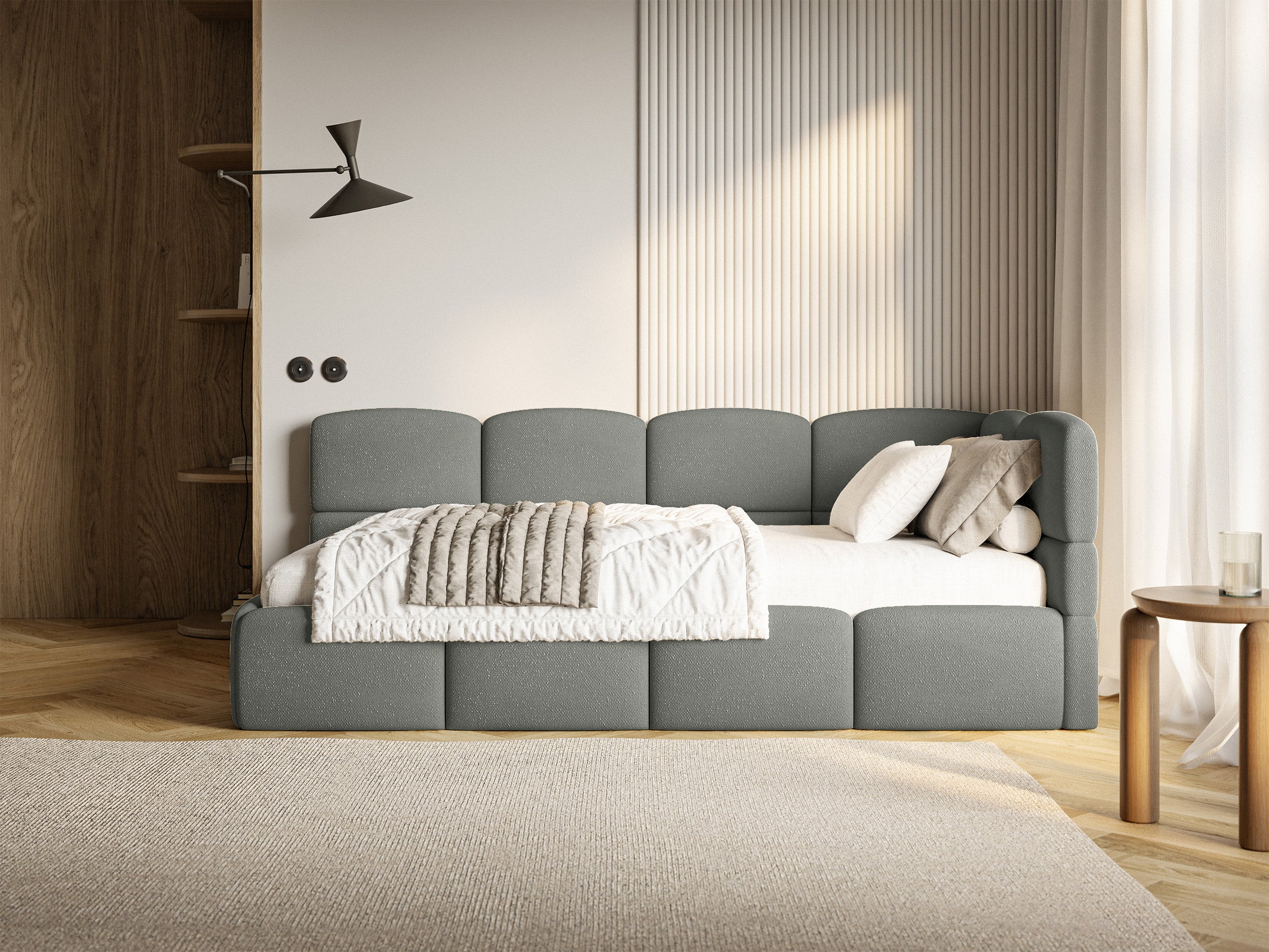 Jugendbett 90x200 cm Cloudy, rechtsseitig mit Stauraum, dunkelgrauer Chenille-Bezug