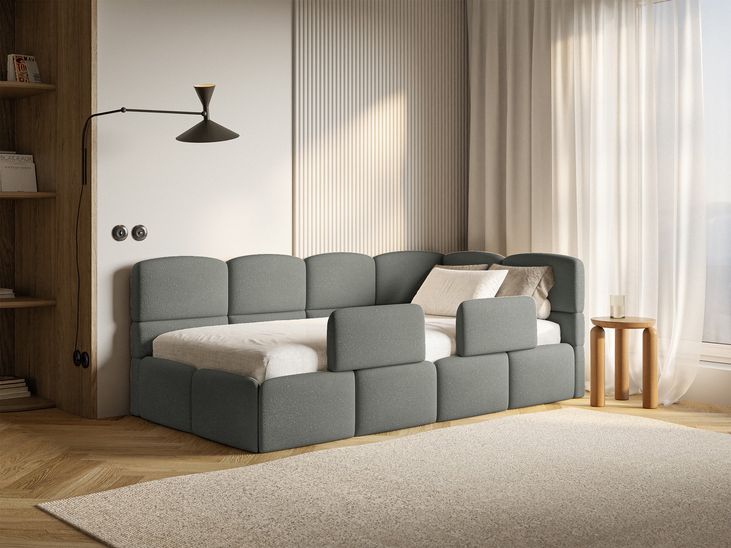 Jugendbett 90x200 cm Cloudy rechtsseitig mit Stauraum und dunkelsgrauen Chenille-Gittern