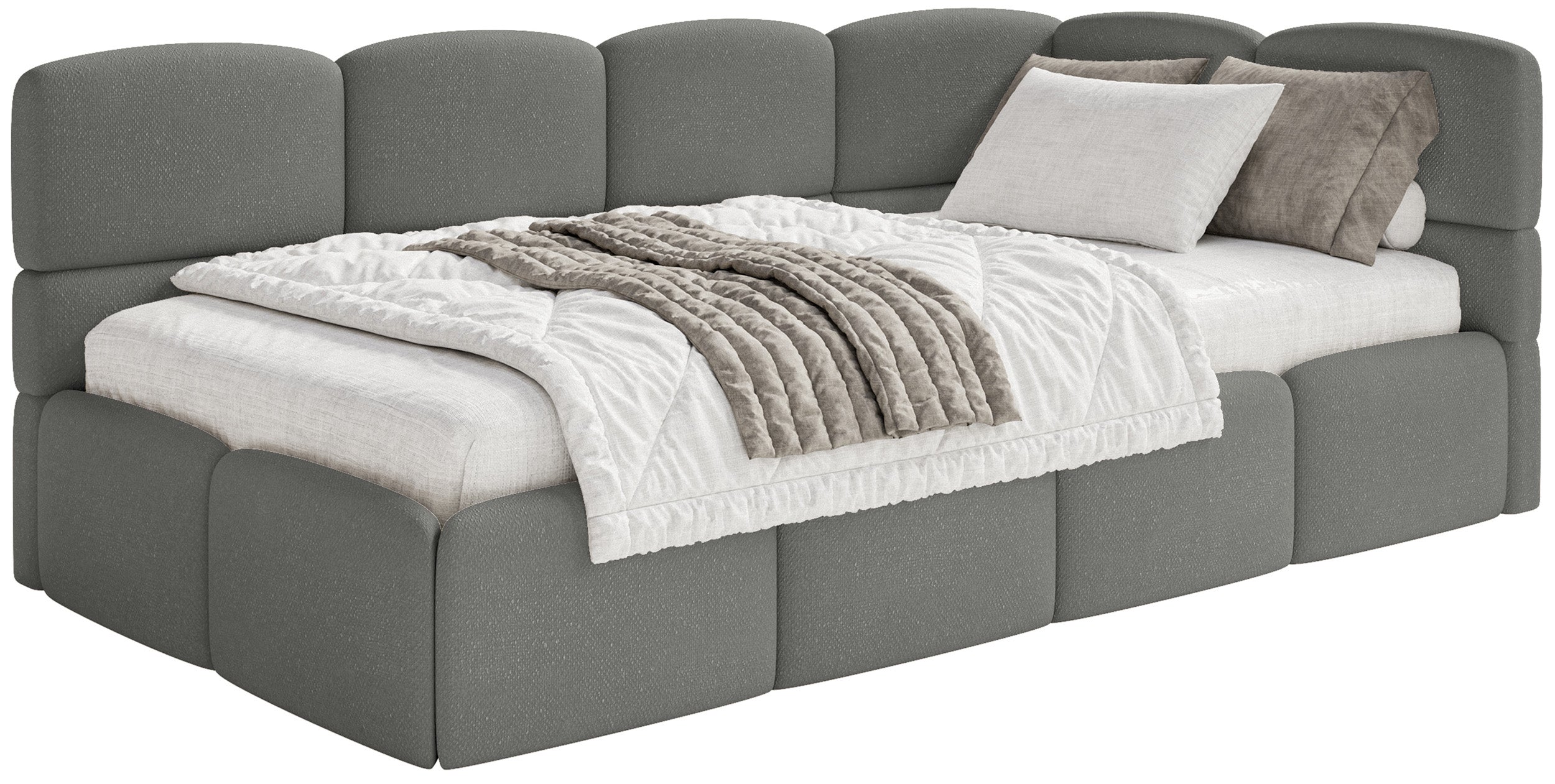 Jugendbett 90x200 cm Cloudy, rechtsseitig mit Stauraum, dunkelgrauer Chenille-Bezug