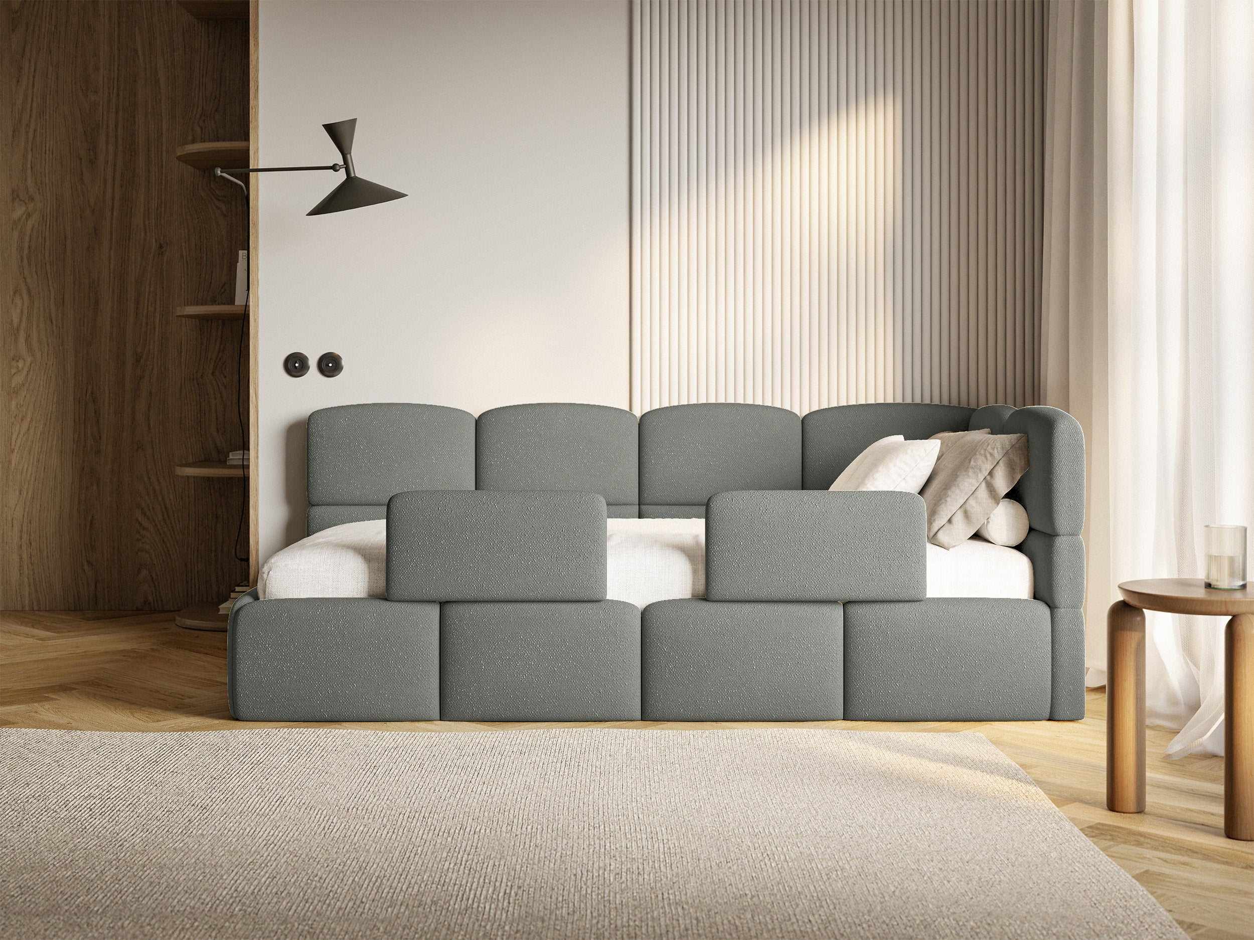 Jugendbett 90x200 cm Cloudy, rechtsseitig mit Stauraum, dunkelgrauer Chenille-Bezug