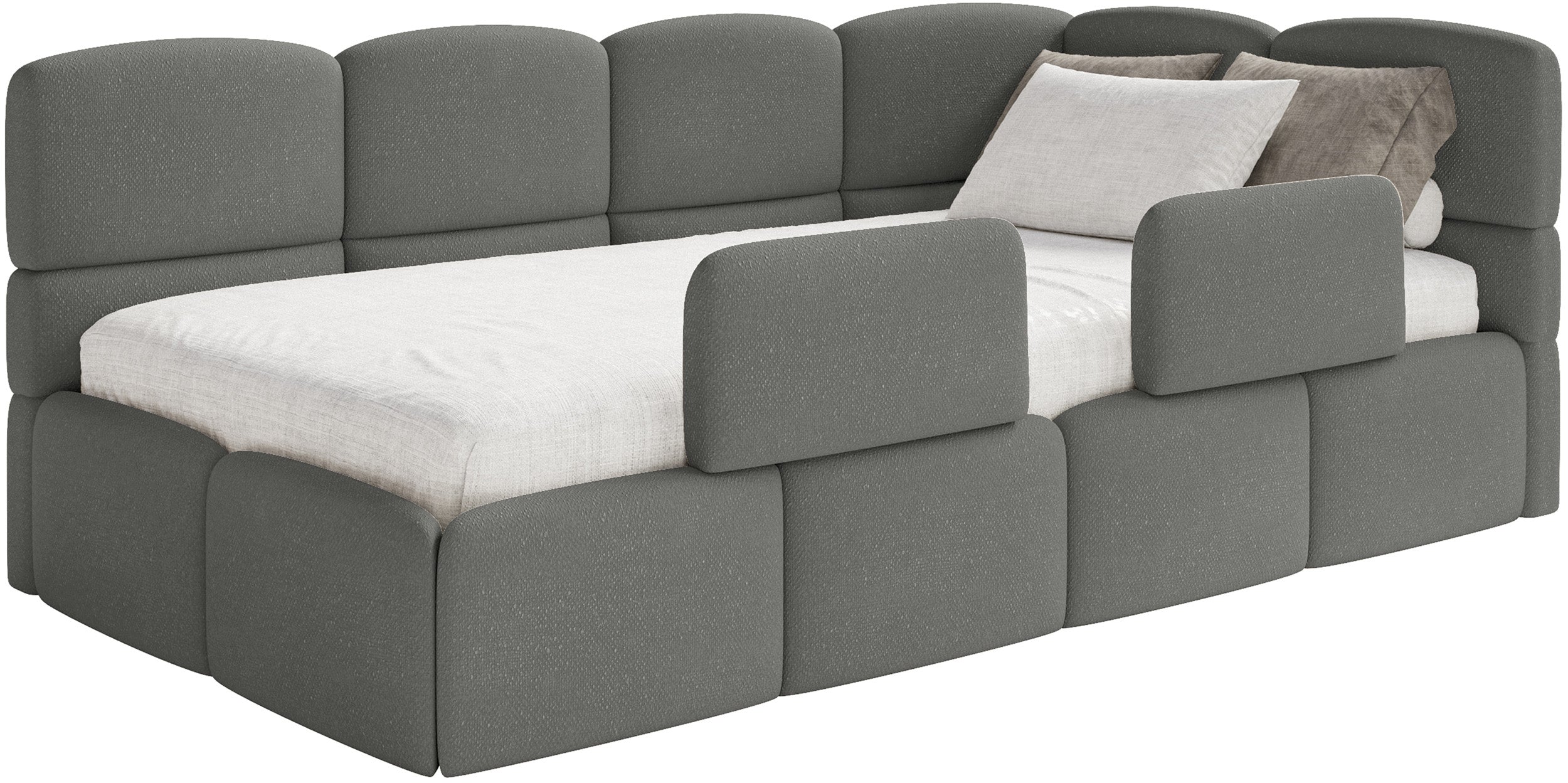 Jugendbett 90x200 cm Cloudy rechtsseitig mit Stauraum und dunkelsgrauen Chenille-Gittern