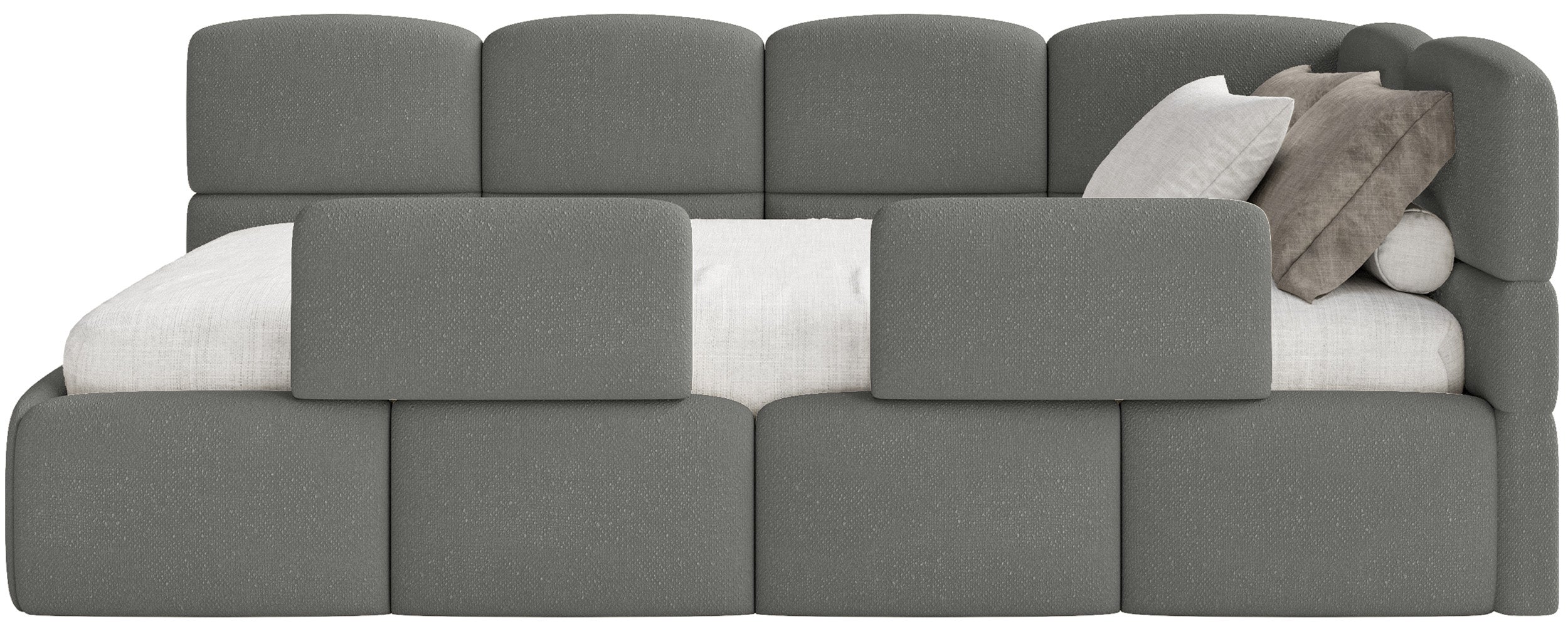 Jugendbett 90x200 cm Cloudy rechtsseitig mit Stauraum und dunkelsgrauen Chenille-Gittern