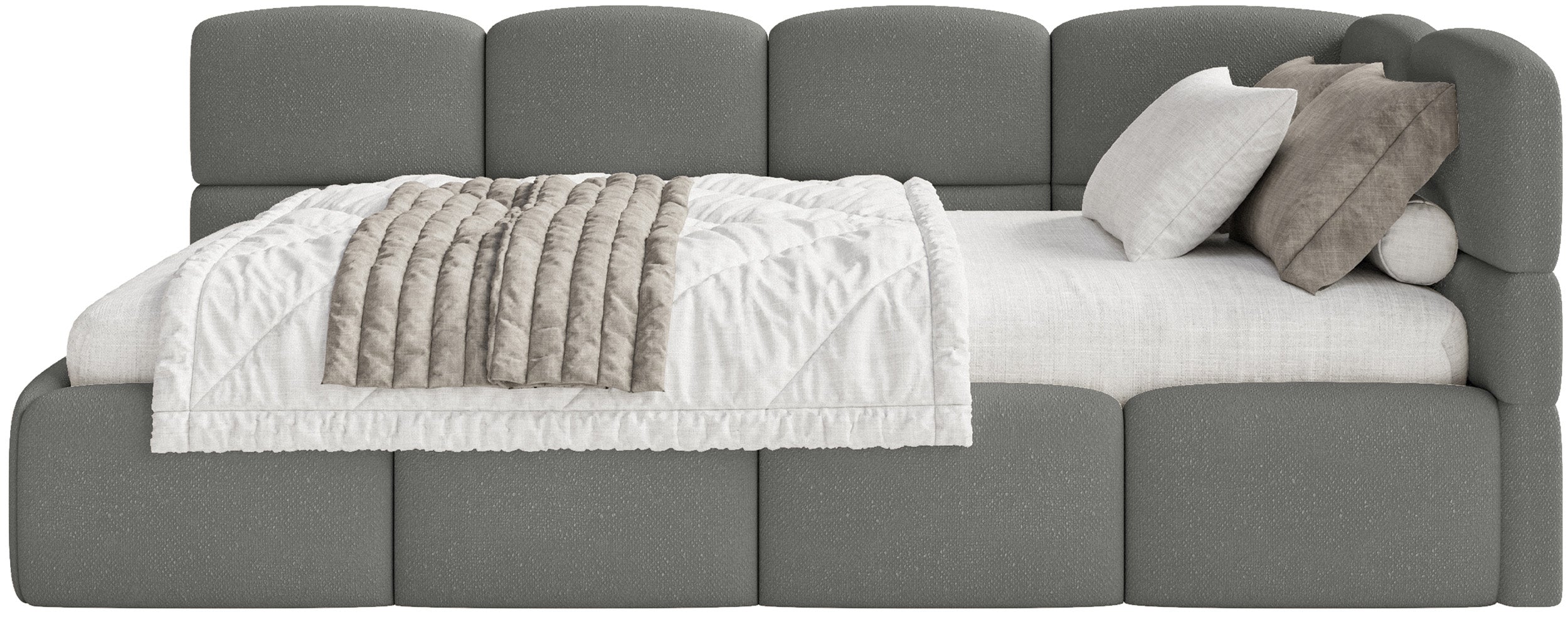 Jugendbett 90x200 cm Cloudy, rechtsseitig mit Stauraum, dunkelgrauer Chenille-Bezug