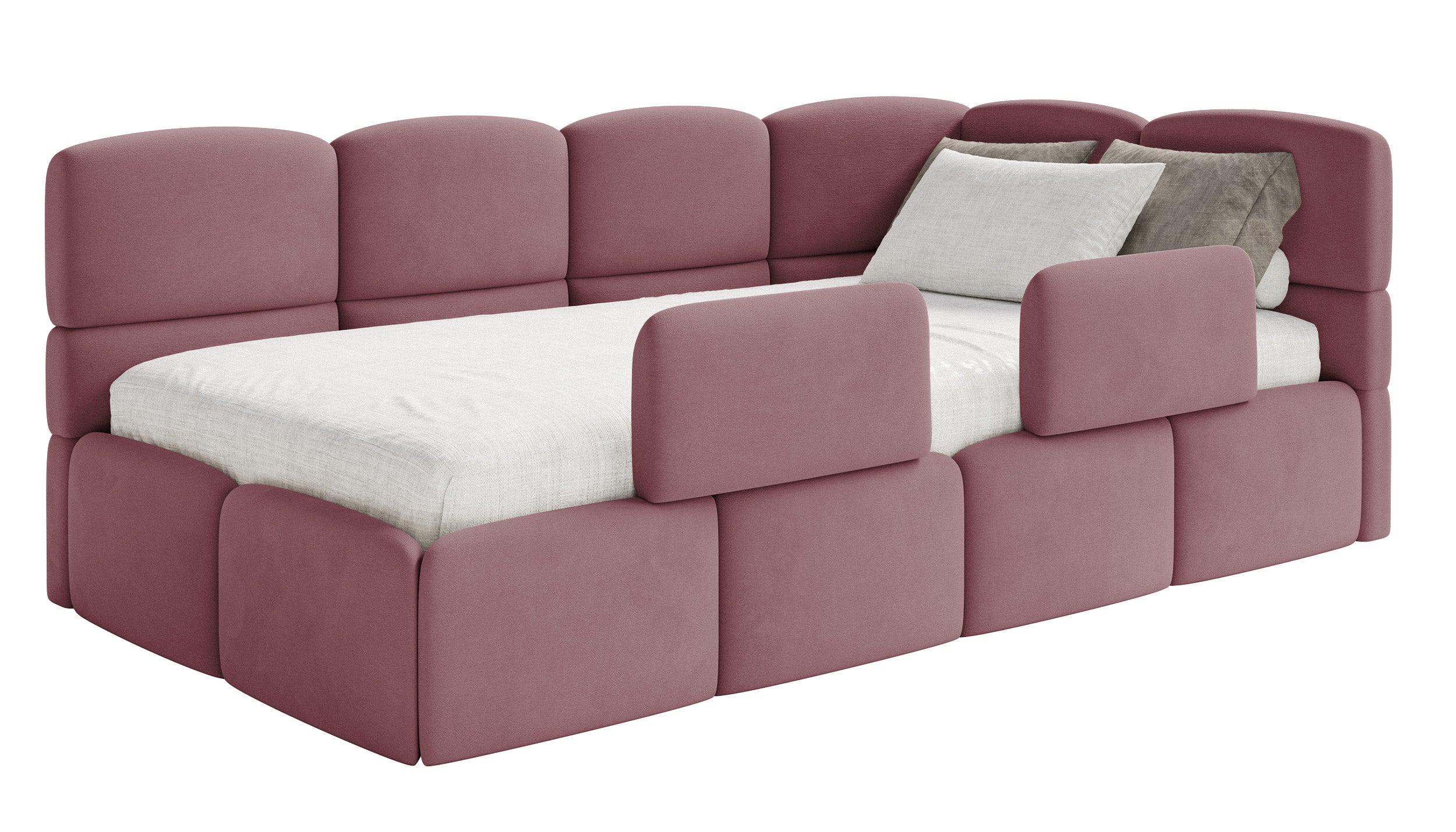 Jugendbett 120x200 cm Cloudy, rechtsseitig, mit Stauraum und Geländern, rosa Velours, wasserabweisend und leicht zu reinigen