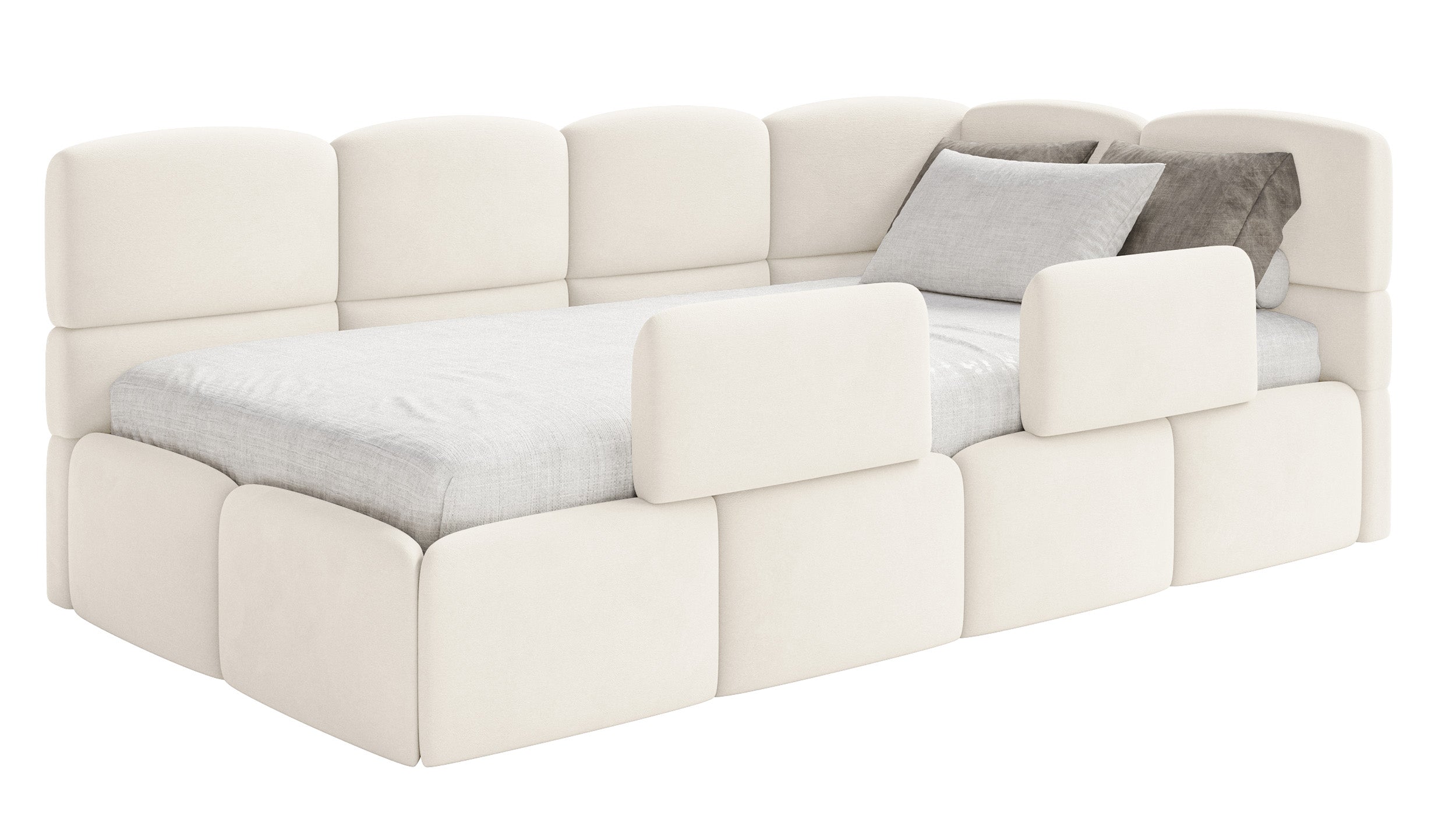 Jugendbett 90x200 cm Cloudy rechtsseitig mit Matratze, Stauraum und Geländern, cremefarbener Velours, wasserabweisend und leicht zu reinigen