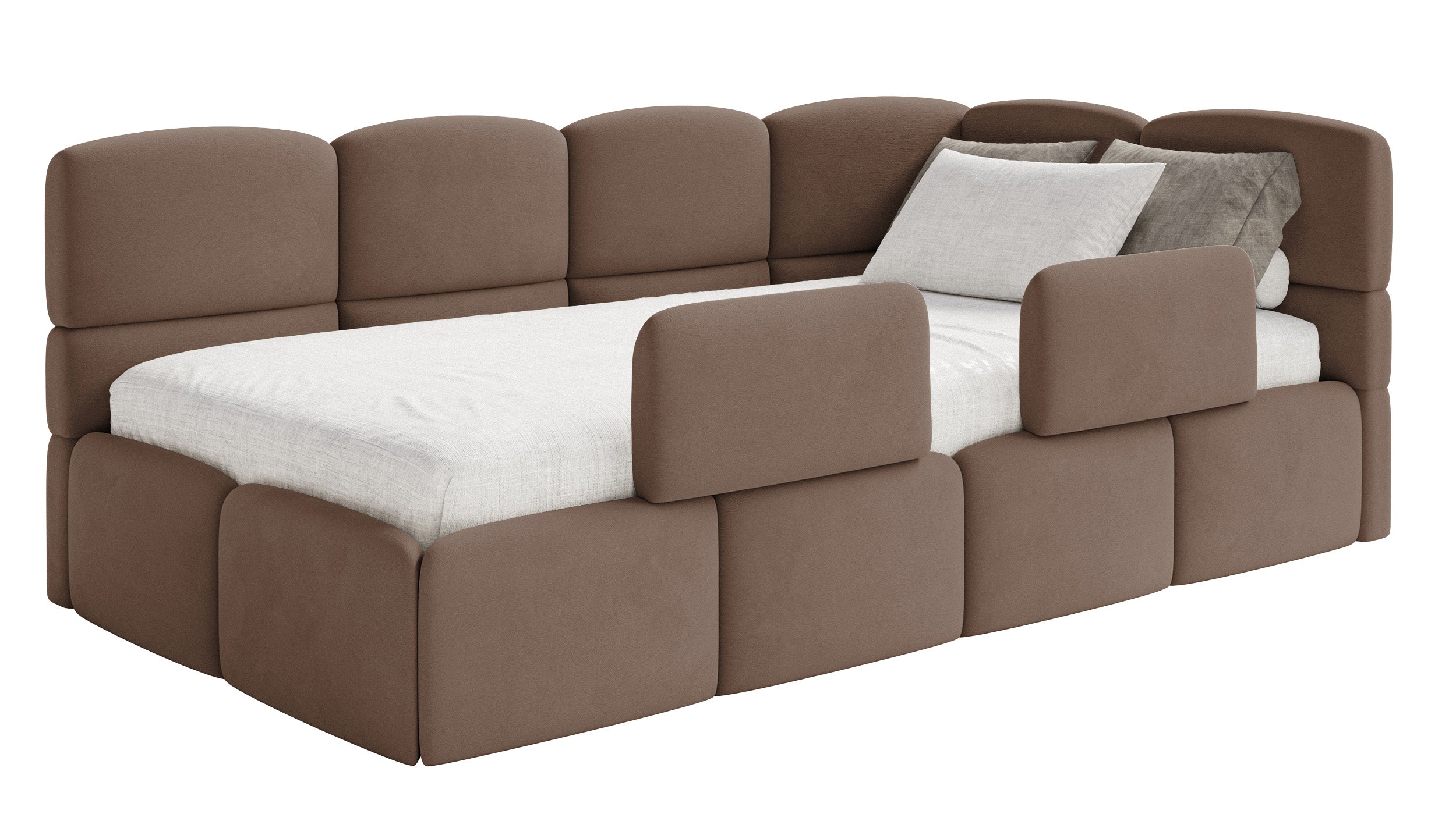 Jugendbett 90x200 cm Cloudy, rechtsseitig mit Stauraum und Geländern, brauner Velours, wasserabweisend und leicht zu reinigen