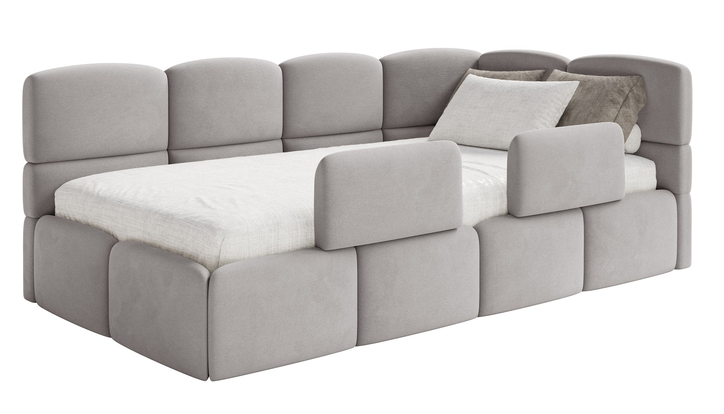 Jugendbett 90x200 cm Cloudy rechtsseitig mit Stauraum und hellgrauen, wasserabweisenden, leicht zu reinigenden Samt-Gittern