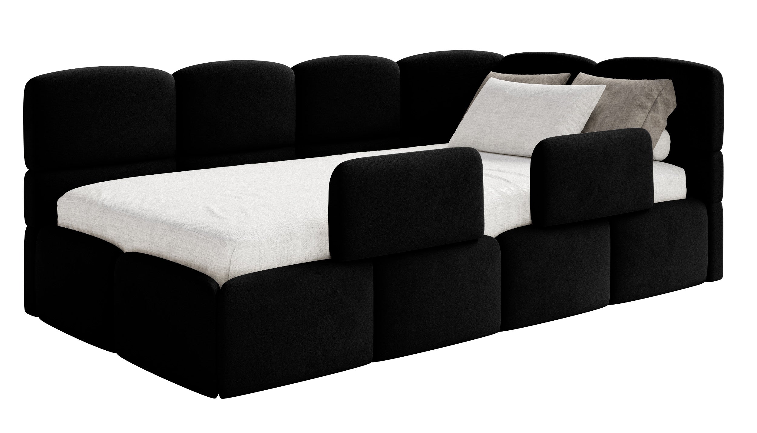 Jugendbett 90x200 cm Cloudy rechtsseitig mit Stauraum und Geländern, schwarzer Velours, wasserabweisend und leicht zu reinigen