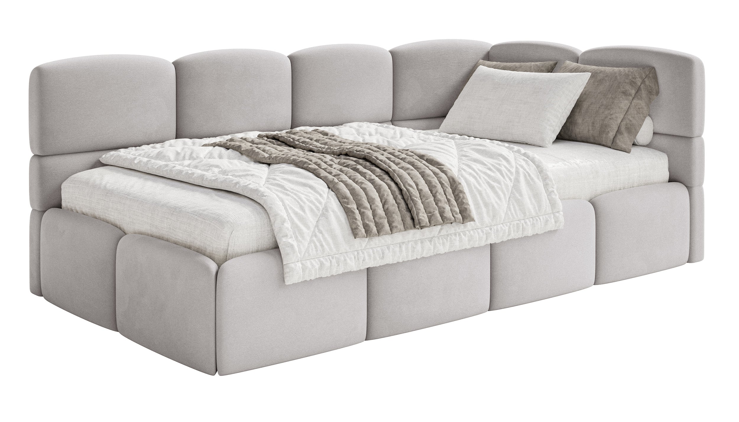 Jugendbett 120x200 cm Cloudy, rechtsseitig mit Stauraum, hellgrauer Velours, wasserabweisend und pflegeleicht