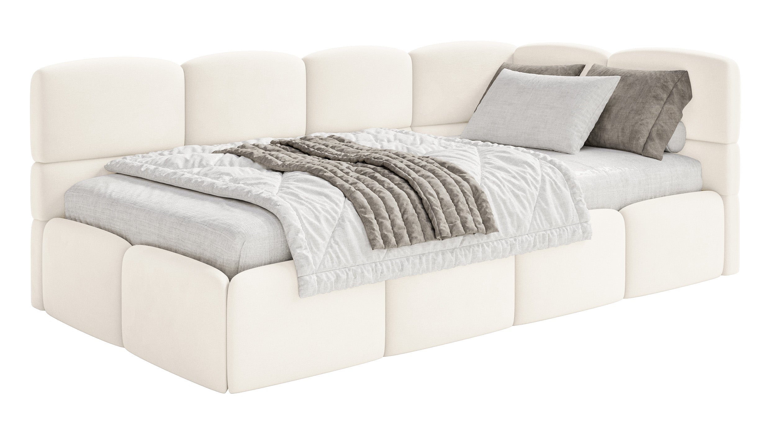 Jugendbett 90x200 cm Cloudy rechtsseitig mit Matratze, Stauraum und Geländern, cremefarbener Velours, wasserabweisend und leicht zu reinigen