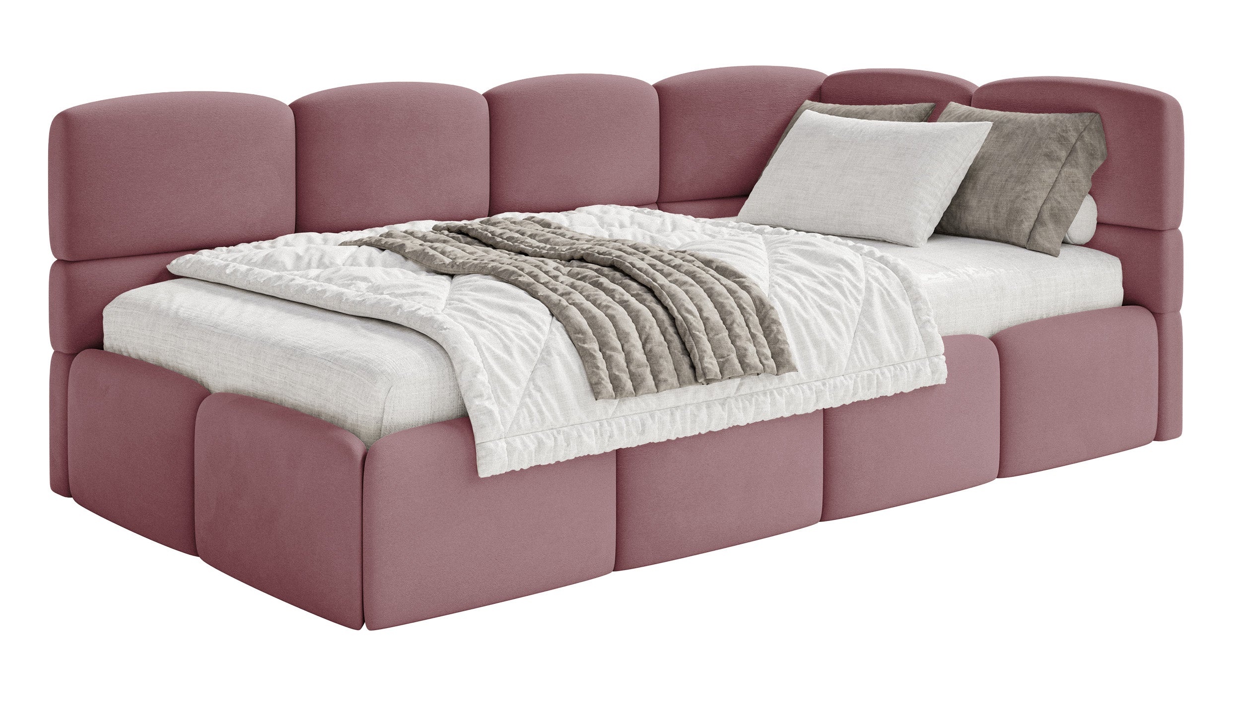 Jugendbett 120x200 cm Cloudy, rechtsseitig, mit Stauraum und Geländern, rosa Velours, wasserabweisend und leicht zu reinigen