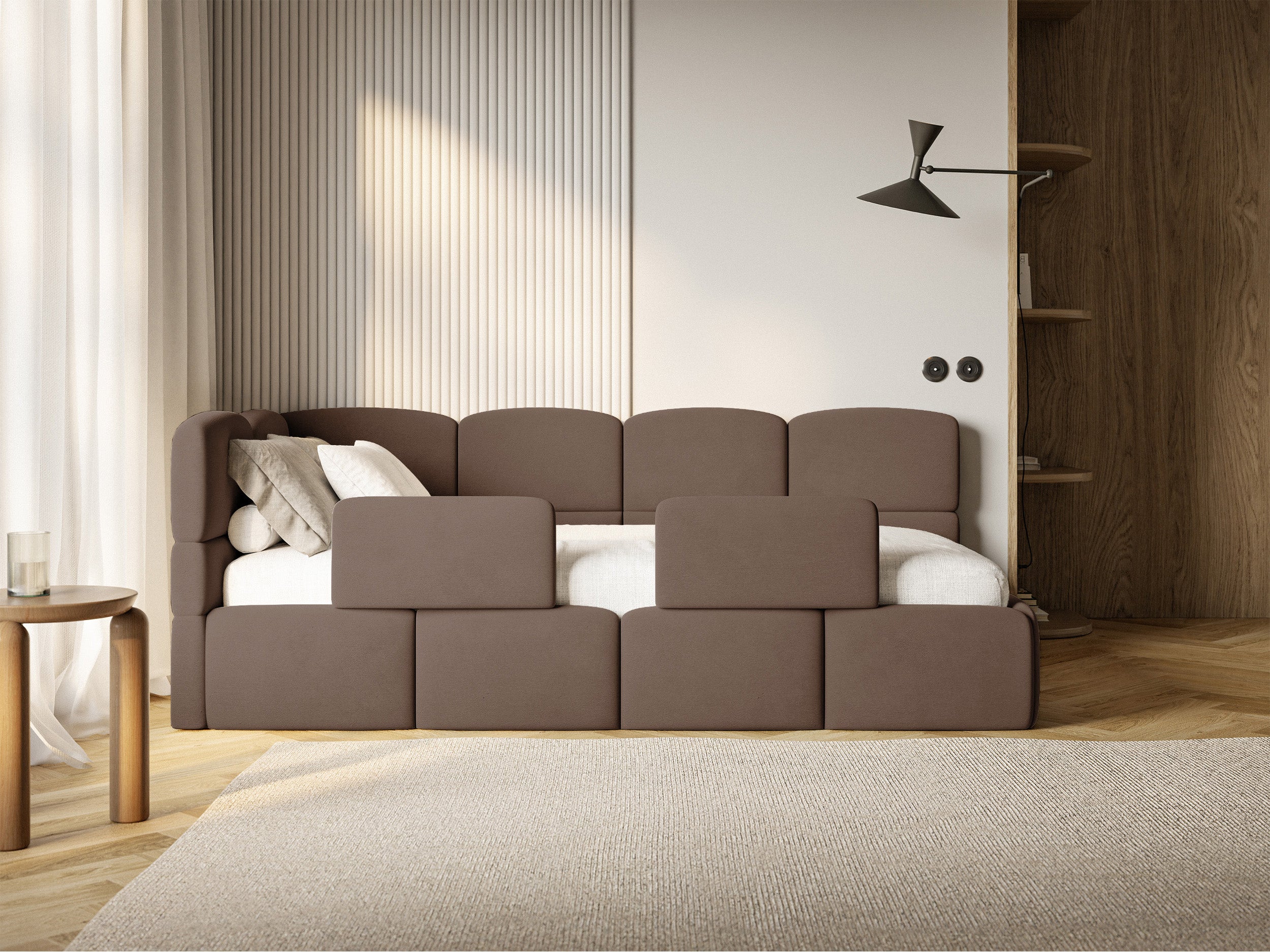 Jugendbett 120x200 cm Cloudy linksseitig mit Stauraum und Geländern, brauner Velours, wasserabweisend und pflegeleicht