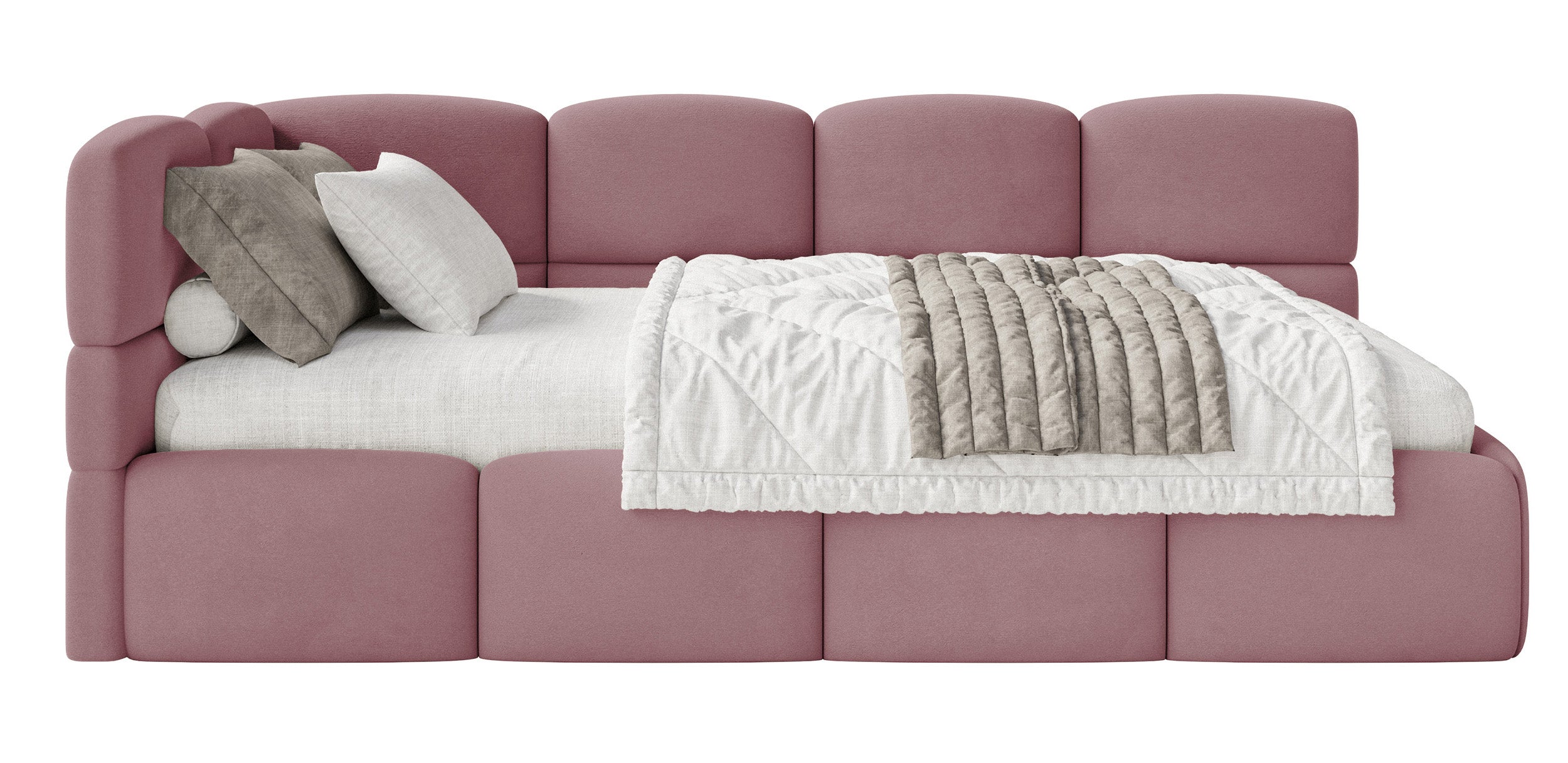Jugendbett 120x200 cm Cloudy linksseitig mit Stauraum, rosa Velours, wasserabweisend und leicht zu reinigen