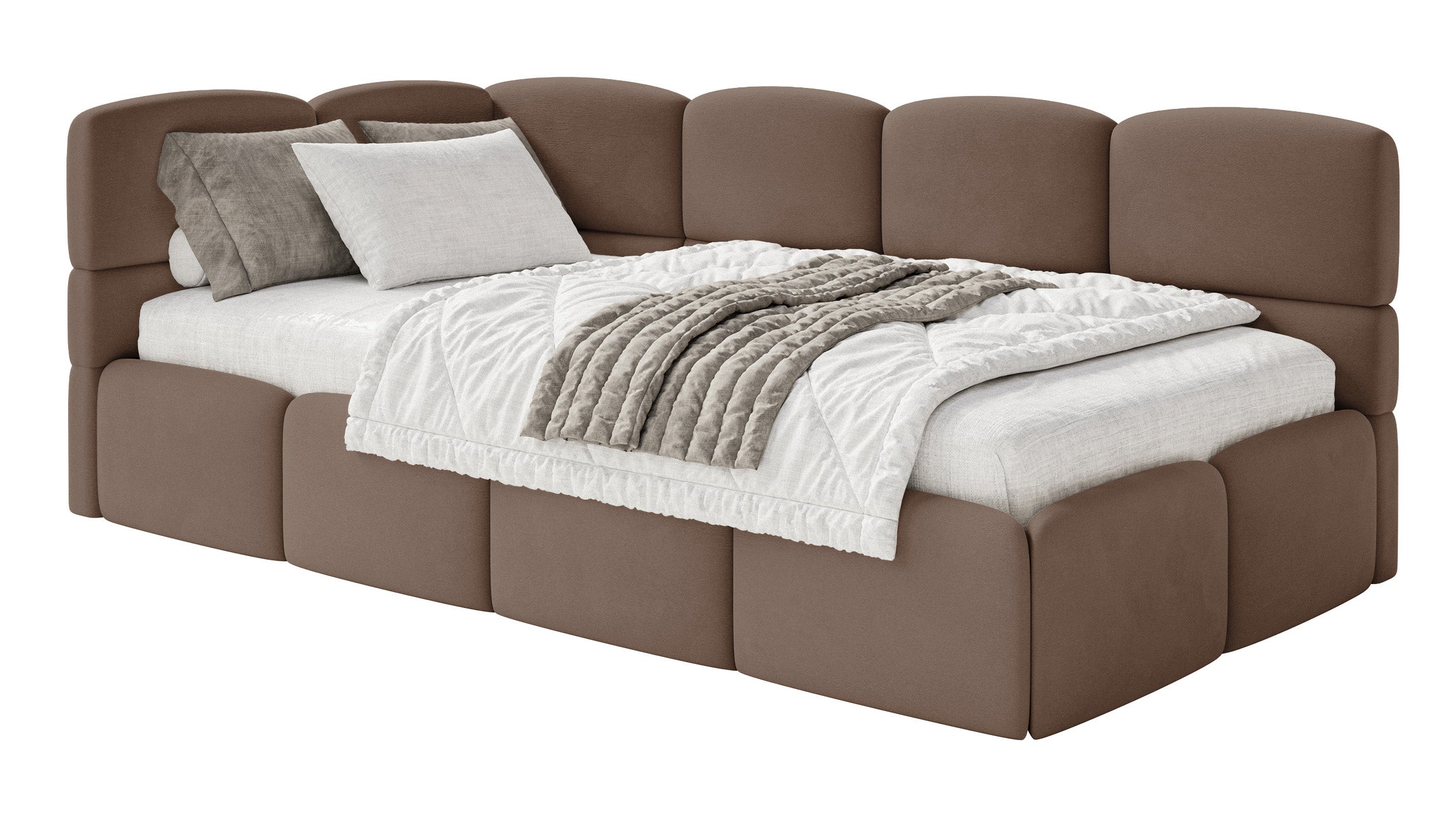 Jugendbett 120x200 cm Cloudy linksseitig mit Matratze und Stauraum, brauner Velours, wasserabweisend und leicht zu reinigen