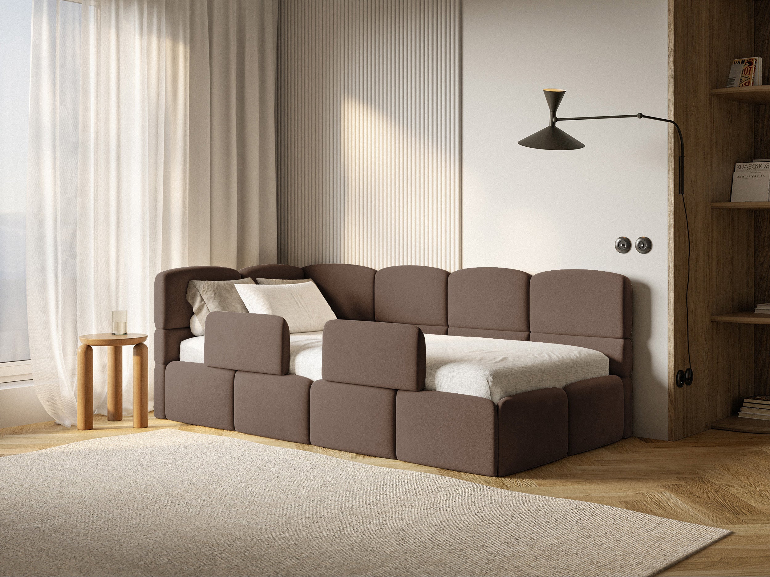 Jugendbett 120x200 cm Cloudy linksseitig mit Stauraum und Geländern, brauner Velours, wasserabweisend und pflegeleicht