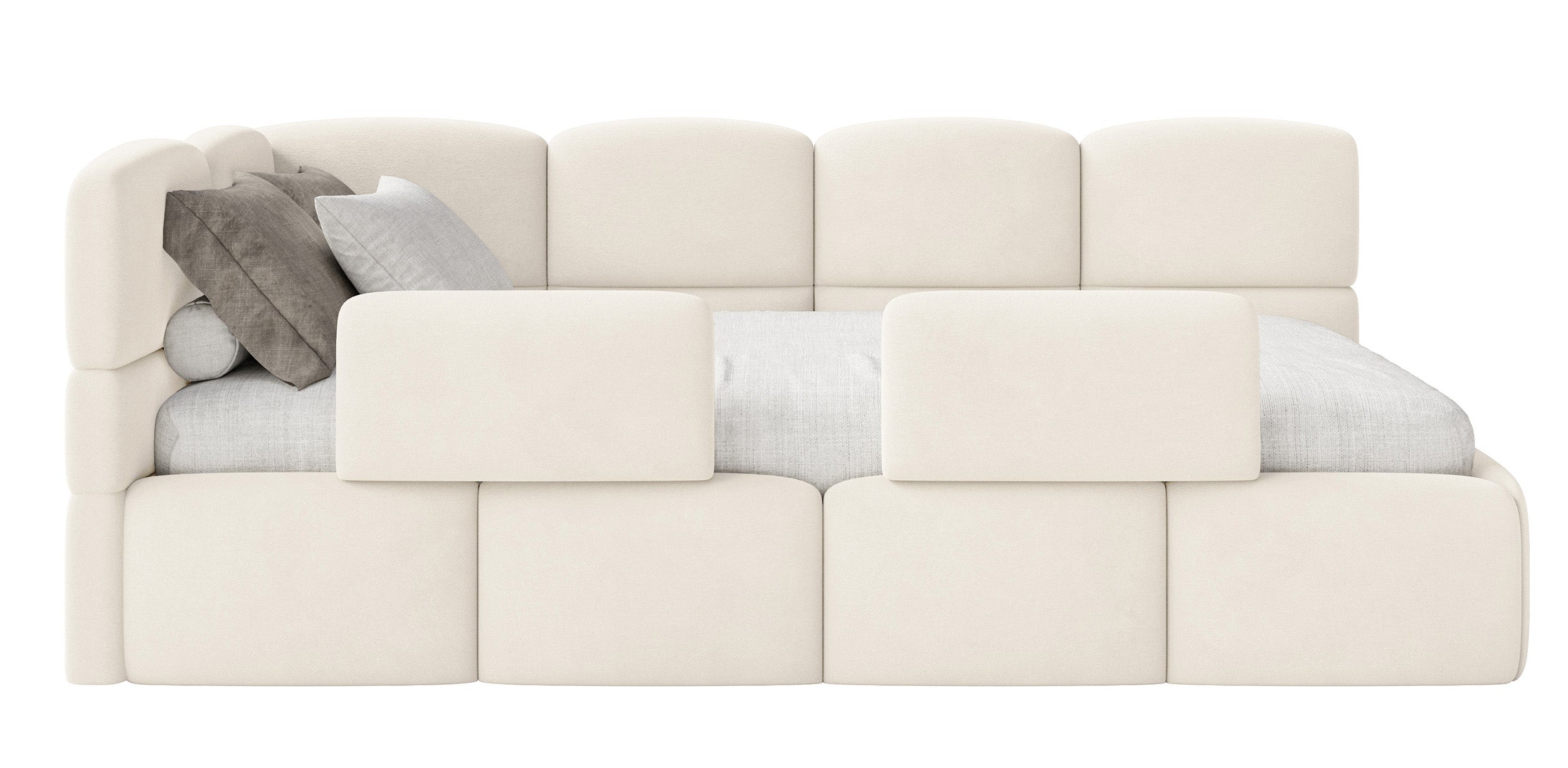 Jugendbett 120x200 cm Cloudy linksseitig mit Stauraum und Geländern, cremefarbener wasserabweisender und leicht zu reinigender Samt