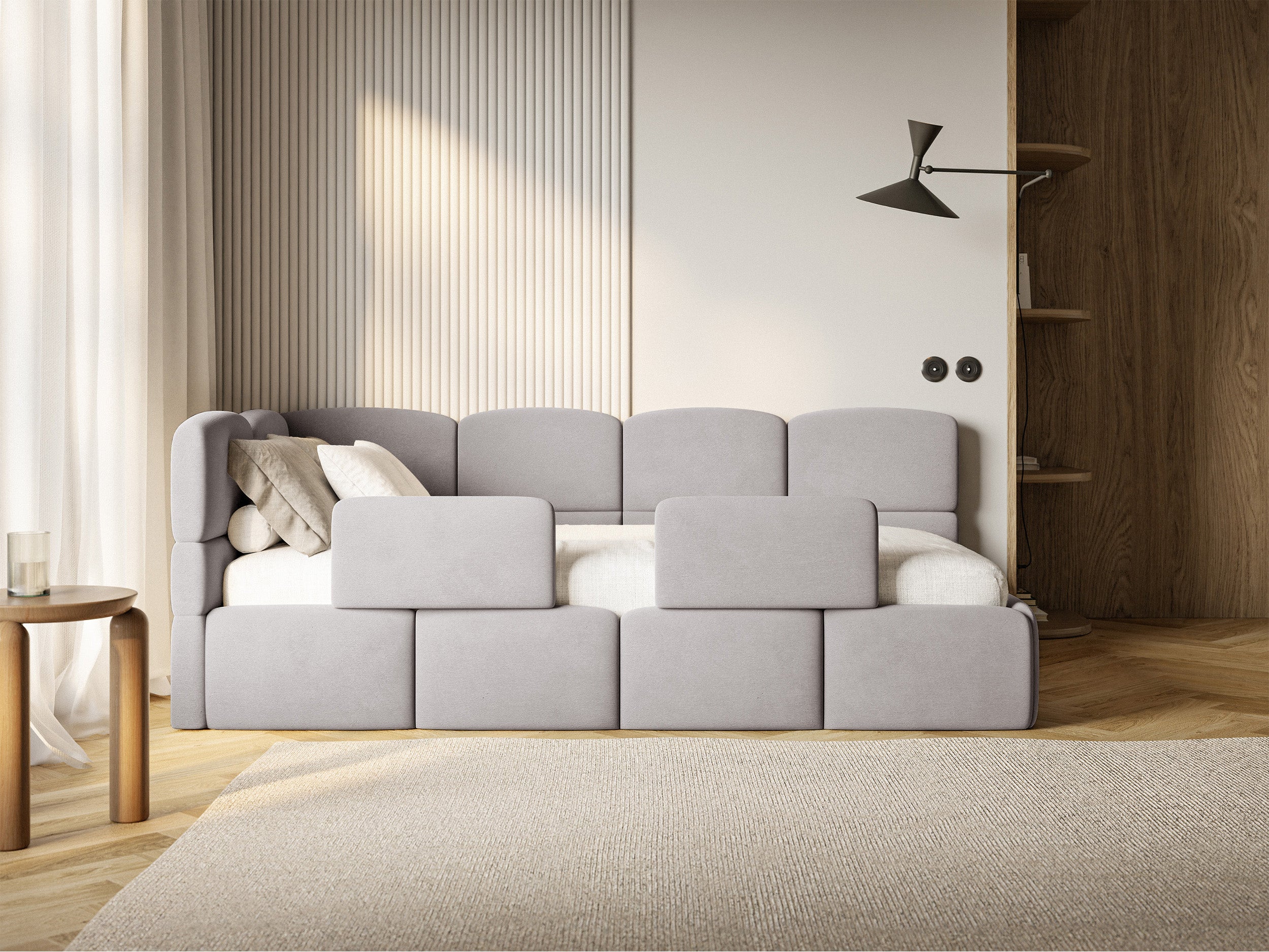 Jugendbett 120x200 cm Cloudy linksseitig mit Matratze, Stauraum und Geländern, hellgrauer Velours, wasserabweisend und pflegeleicht