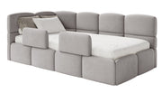 Jugendbett 120x200 cm Cloudy linksseitig mit Matratze, Stauraum und Geländern, hellgrauer Velours, wasserabweisend und pflegeleicht