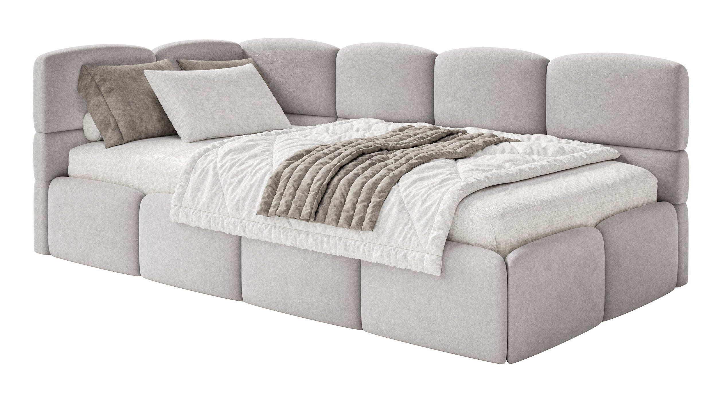 Jugendbett 120x200 cm Cloudy linksseitig mit Matratze, Stauraum und Geländern, hellgrauer Velours, wasserabweisend und pflegeleicht