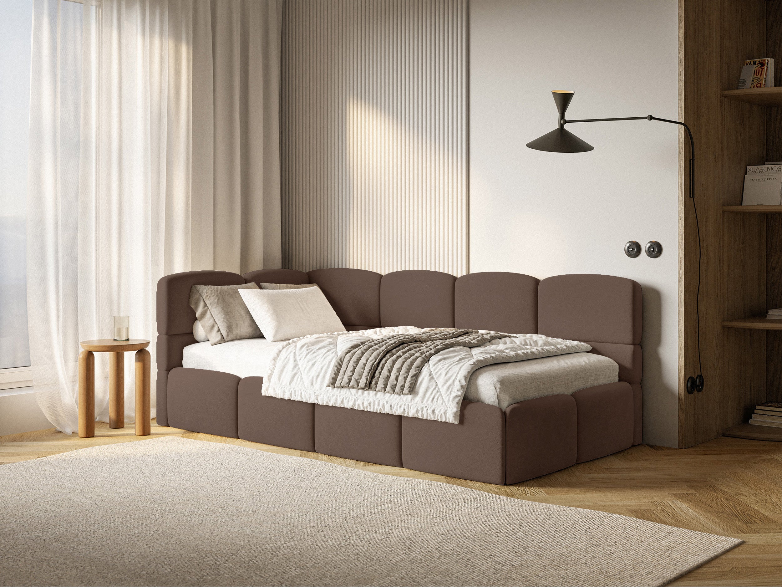 Jugendbett 120x200 cm Cloudy linksseitig mit Matratze und Stauraum, brauner Velours, wasserabweisend und leicht zu reinigen