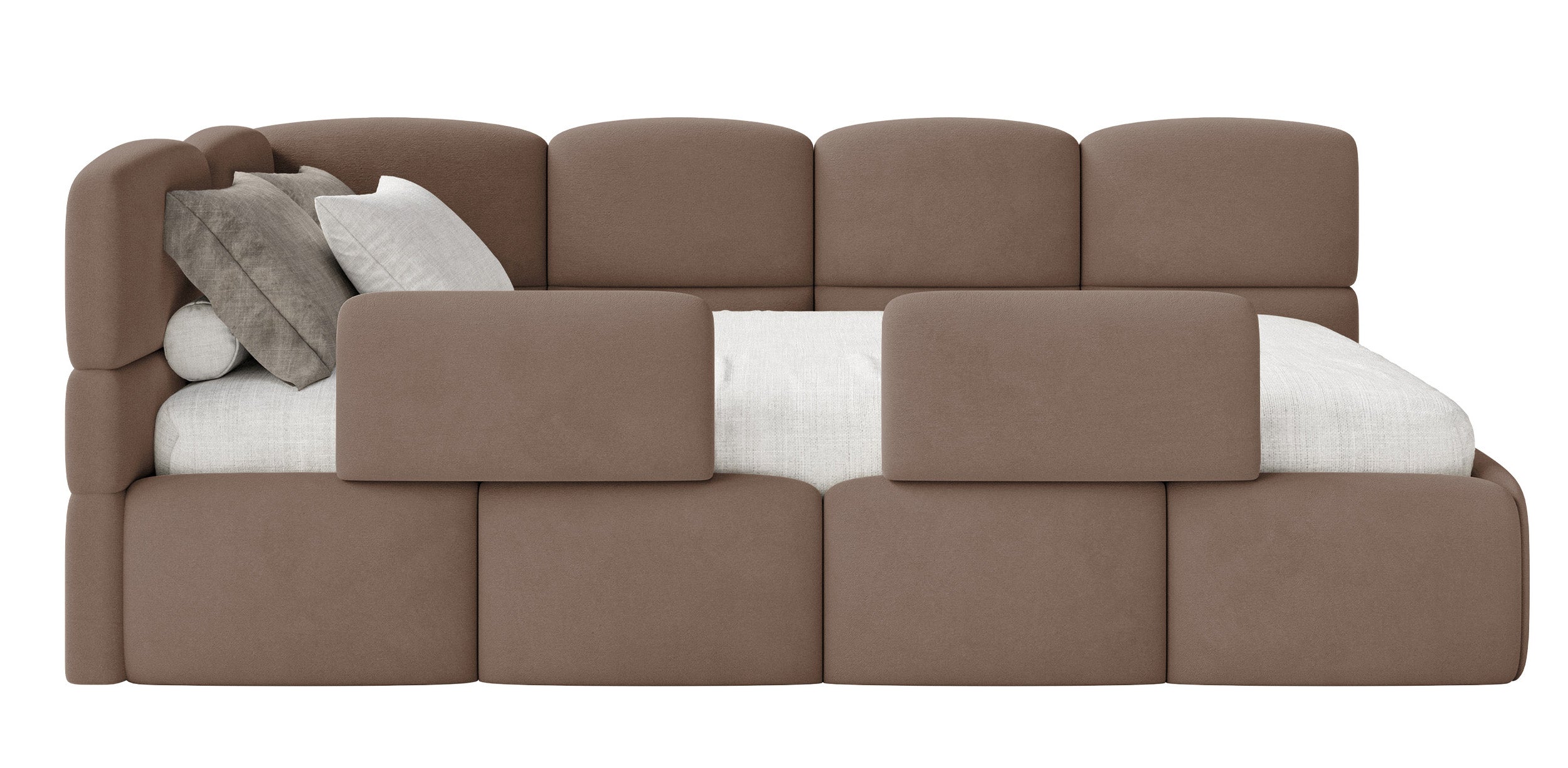 Jugendbett 120x200 cm Cloudy linksseitig mit Stauraum und Geländern, brauner Velours, wasserabweisend und pflegeleicht