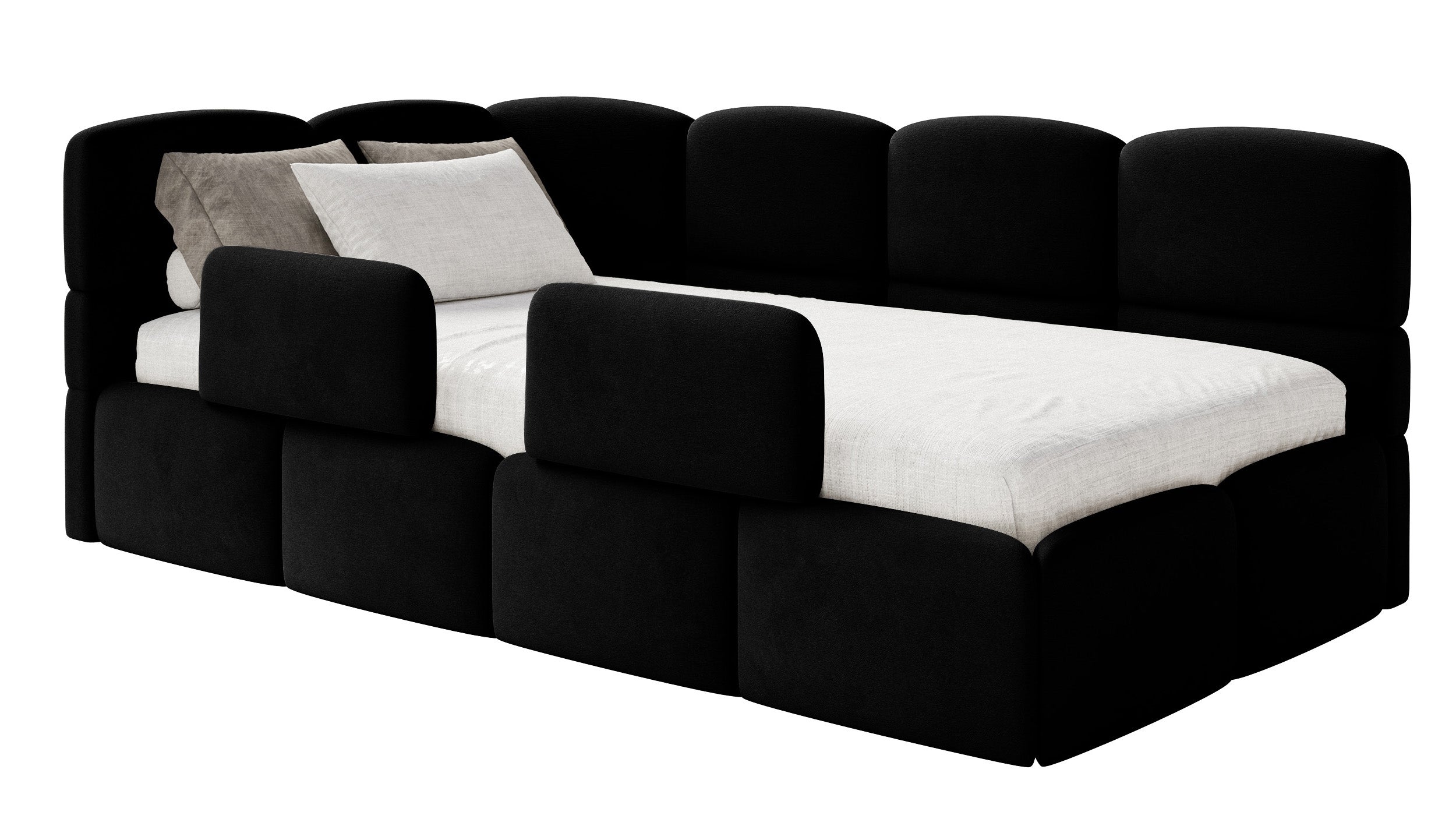 Jugendbett 120x200 cm Cloudy linksseitig mit Matratze, Stauraum und Geländern, schwarzer Velours, wasserabweisend und leicht zu reinigen