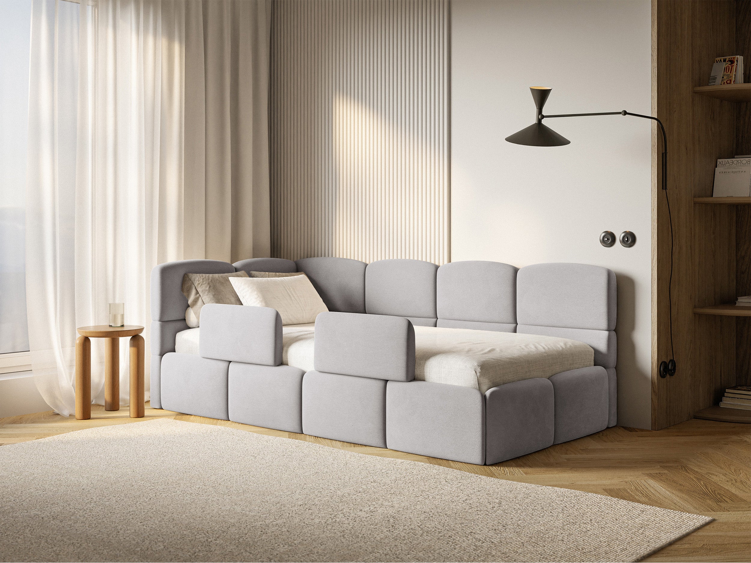 Jugendbett 120x200 cm Cloudy linksseitig mit Matratze, Stauraum und Geländern, hellgrauer Velours, wasserabweisend und pflegeleicht