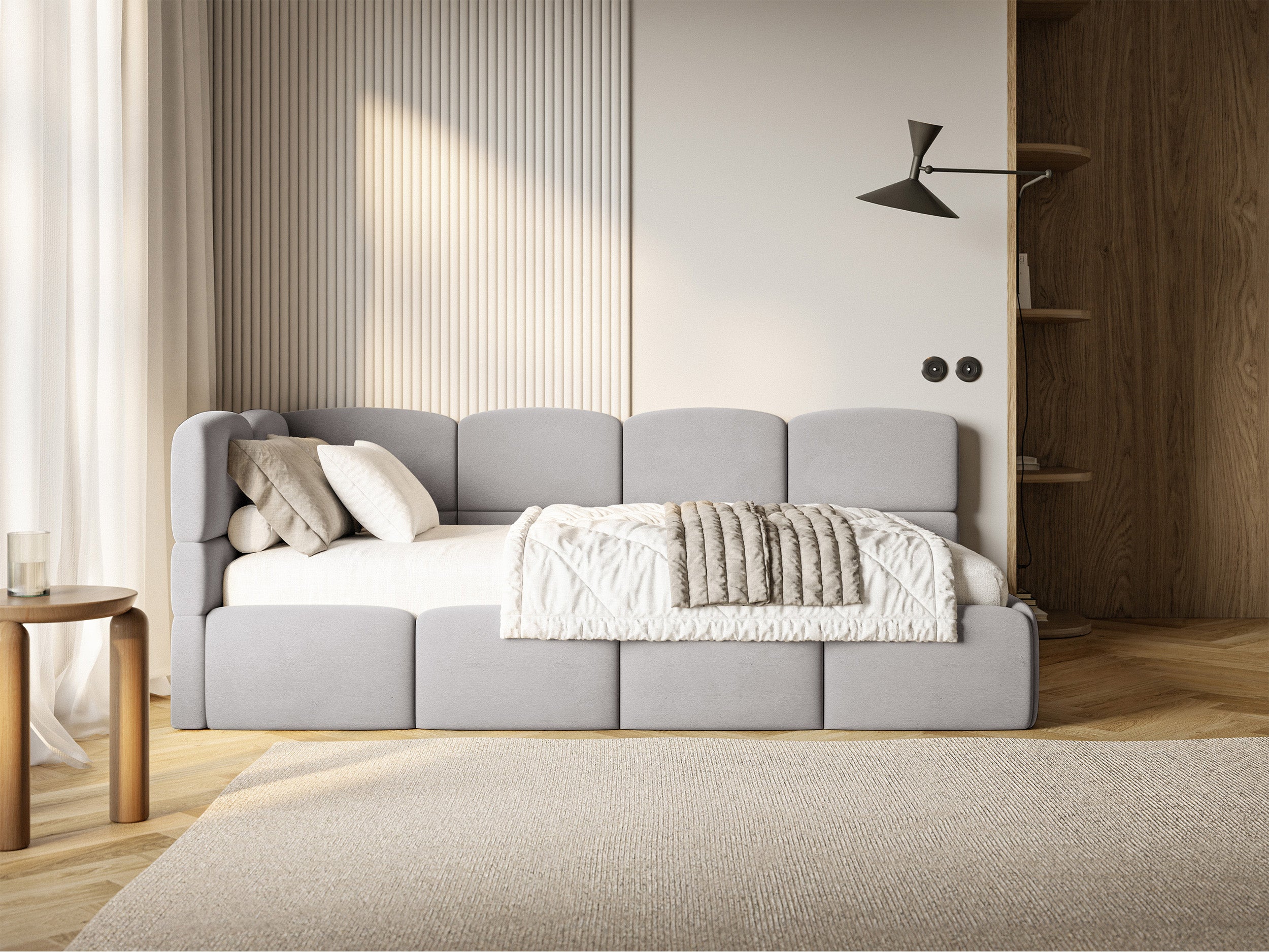 Jugendbett 120x200 cm Cloudy linksseitig mit Matratze, Stauraum und Geländern, hellgrauer Velours, wasserabweisend und pflegeleicht