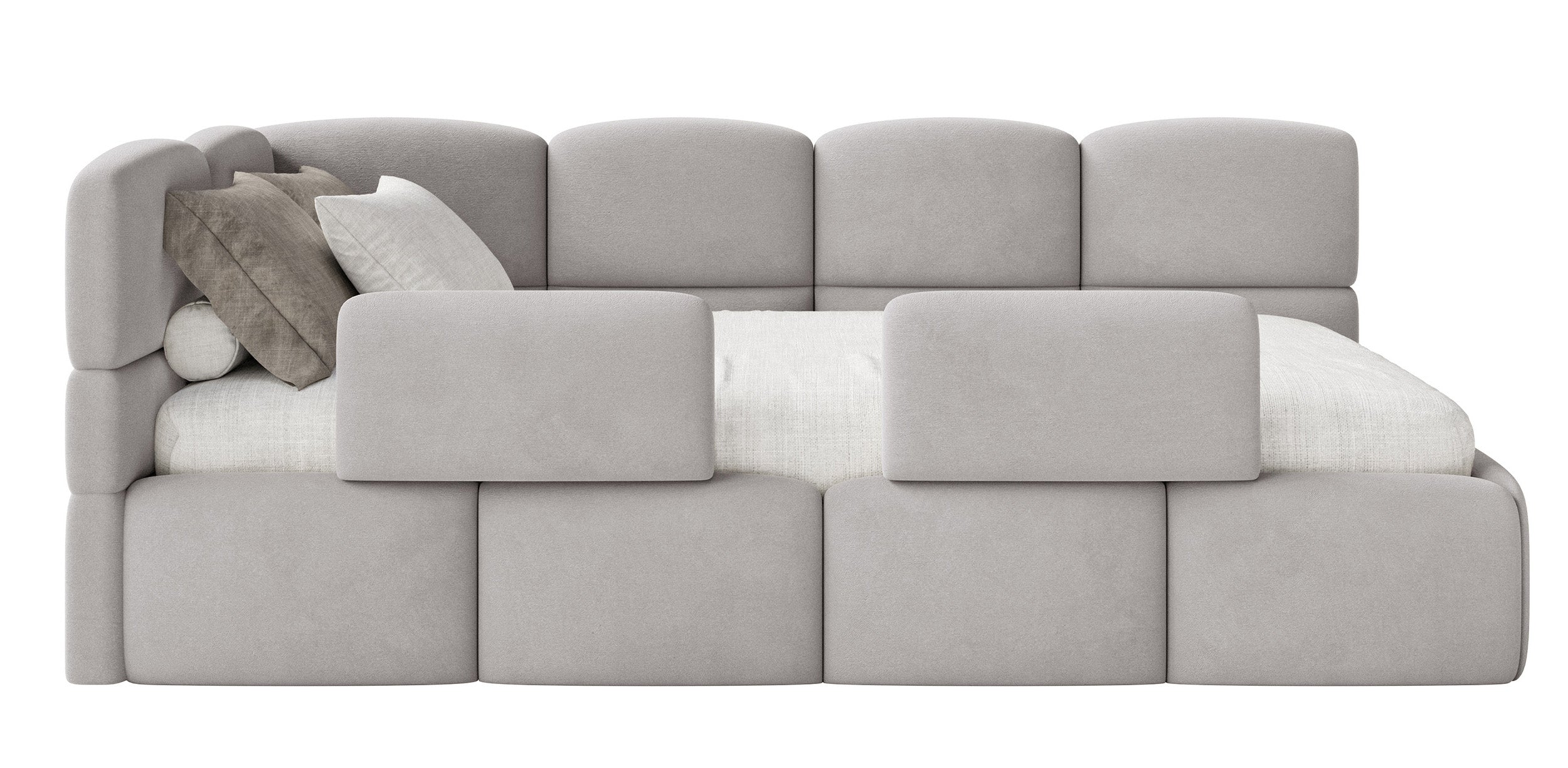 Jugendbett 120x200 cm Cloudy linksseitig mit Matratze, Stauraum und Geländern, hellgrauer Velours, wasserabweisend und pflegeleicht