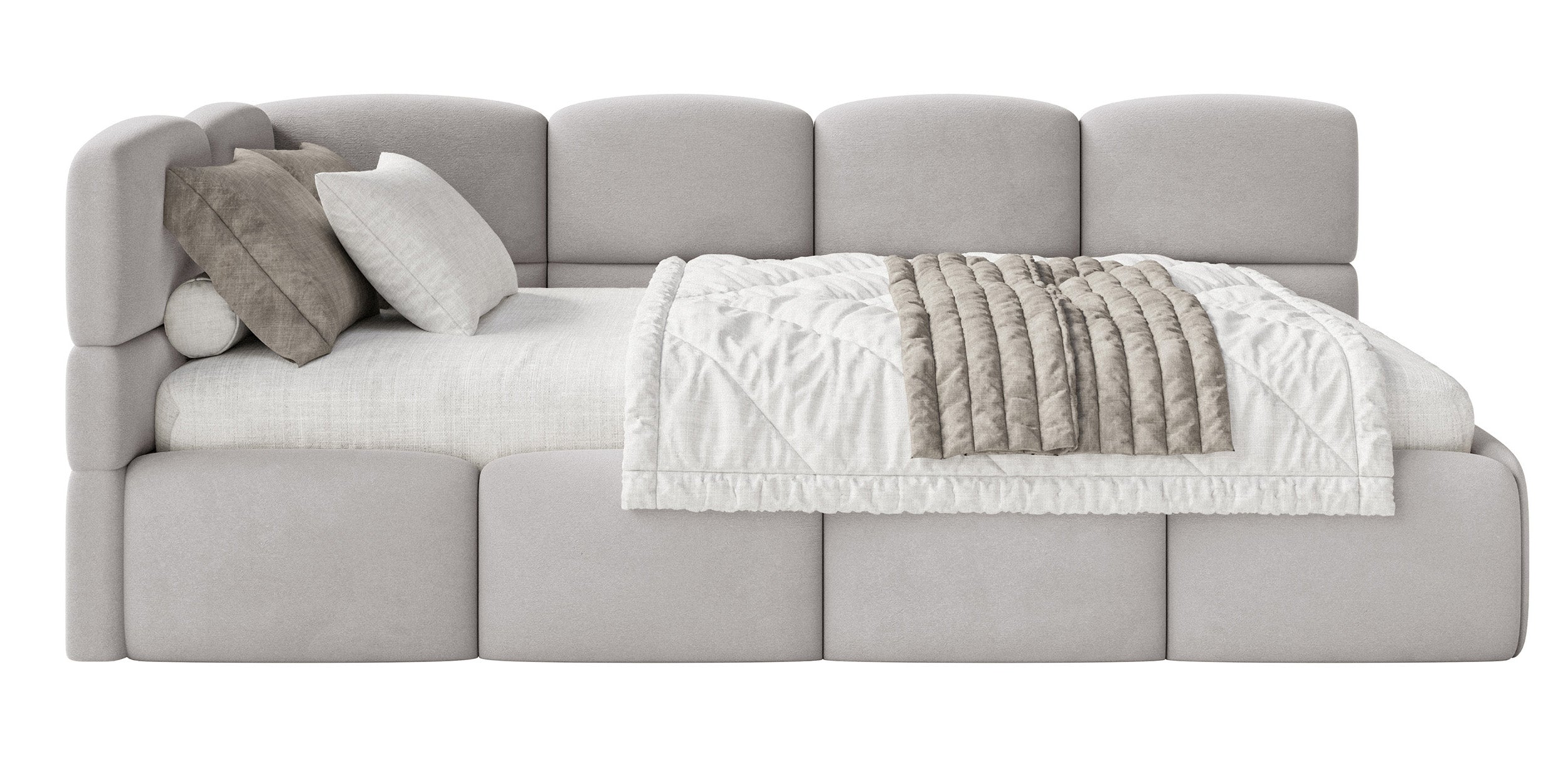 Jugendbett 120x200 cm Cloudy linksseitig mit Matratze, Stauraum und Geländern, hellgrauer Velours, wasserabweisend und pflegeleicht