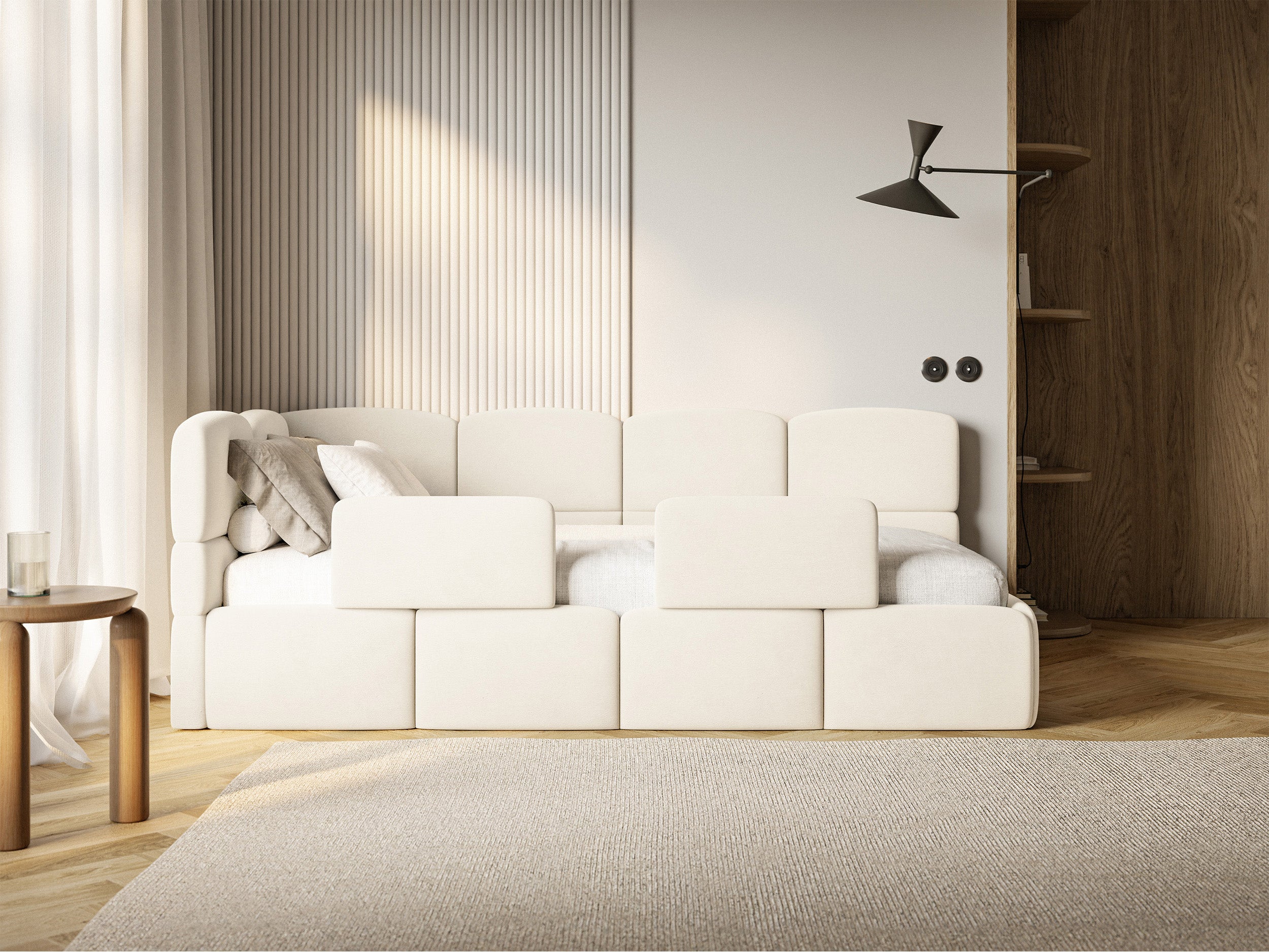 Jugendbett 120x200 cm Cloudy linksseitig mit Stauraum und Geländern, cremefarbener wasserabweisender und leicht zu reinigender Samt