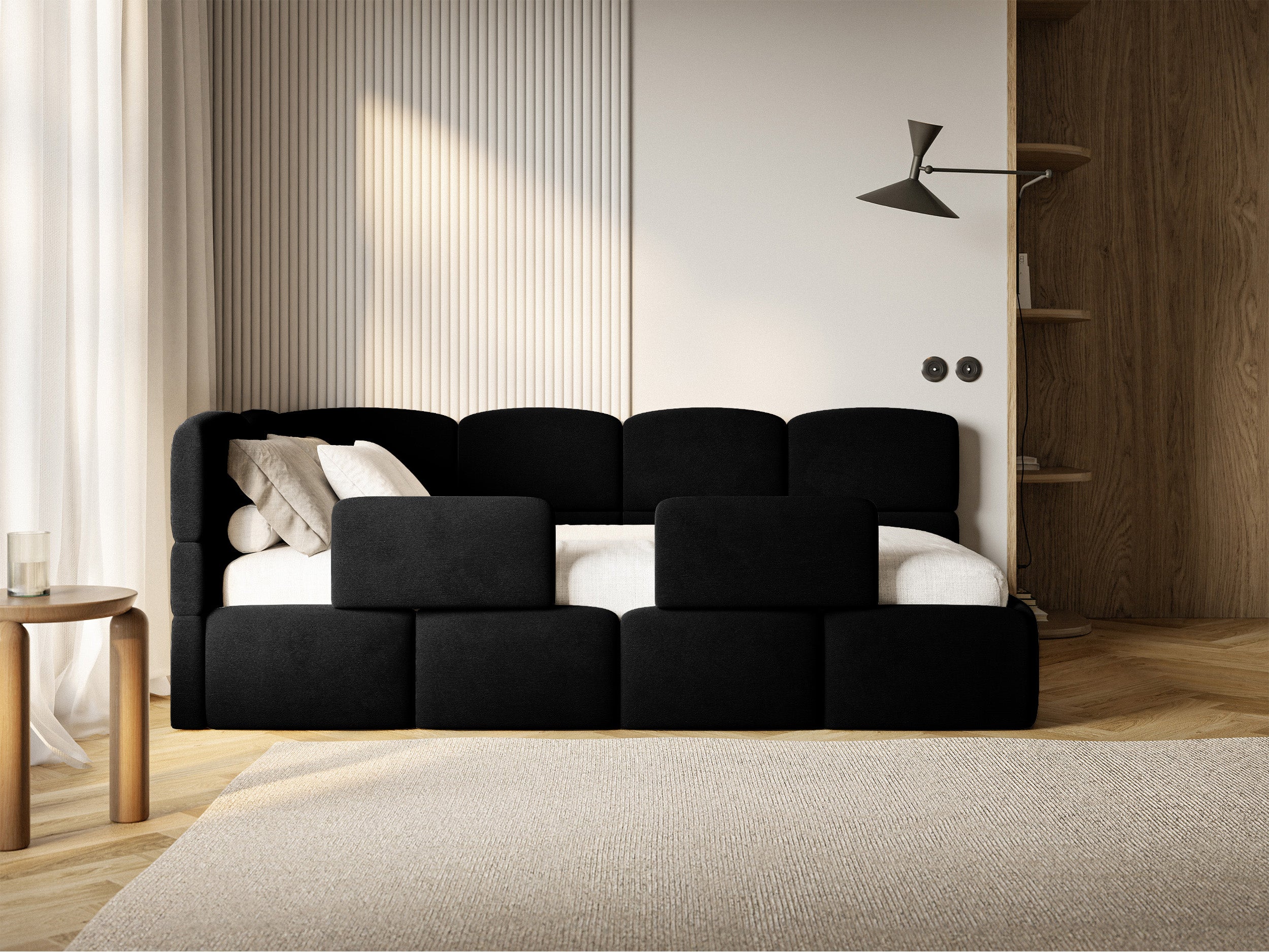 Jugendbett 90x200 cm Cloudy, linksseitig mit Stauraum und schwarzen, wasserabweisenden, leicht zu reinigenden Samtgeländern