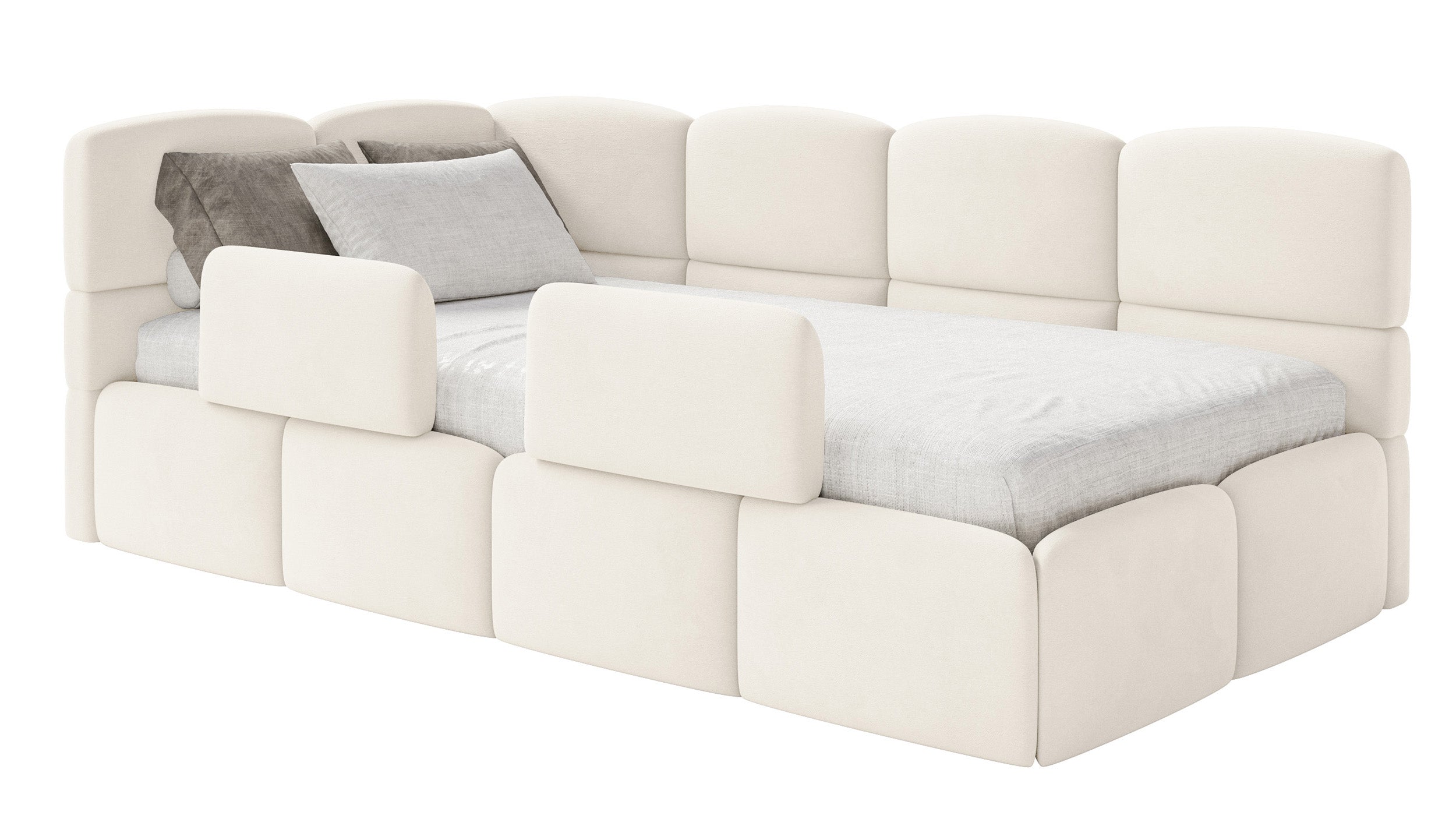 Jugendbett 90x200 cm Cloudy linksseitig mit Matratze, Stauraum und Geländern, cremefarbener Velours, wasserabweisend und leicht zu reinigen