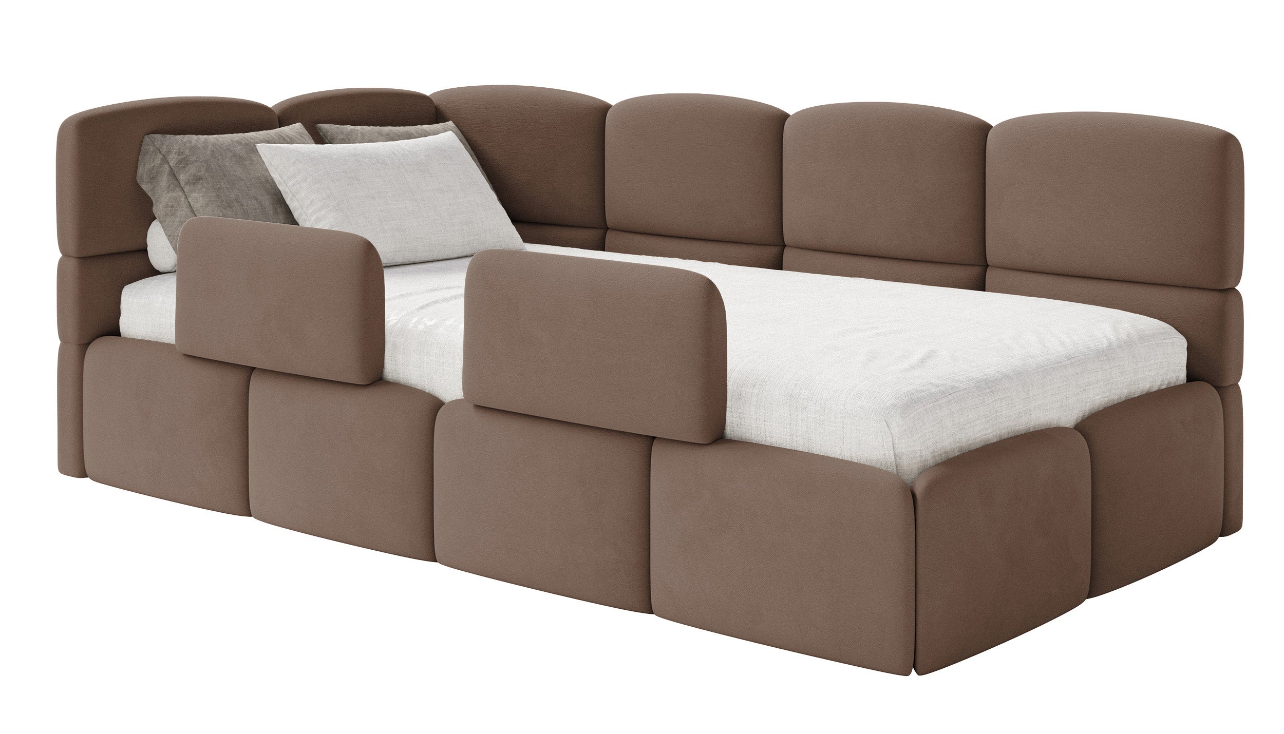 Jugendbett 90x200 cm Cloudy, linksseitig, mit Matratze, Stauraum und Geländern, brauner Velours, wasserabweisend und leicht zu reinigen